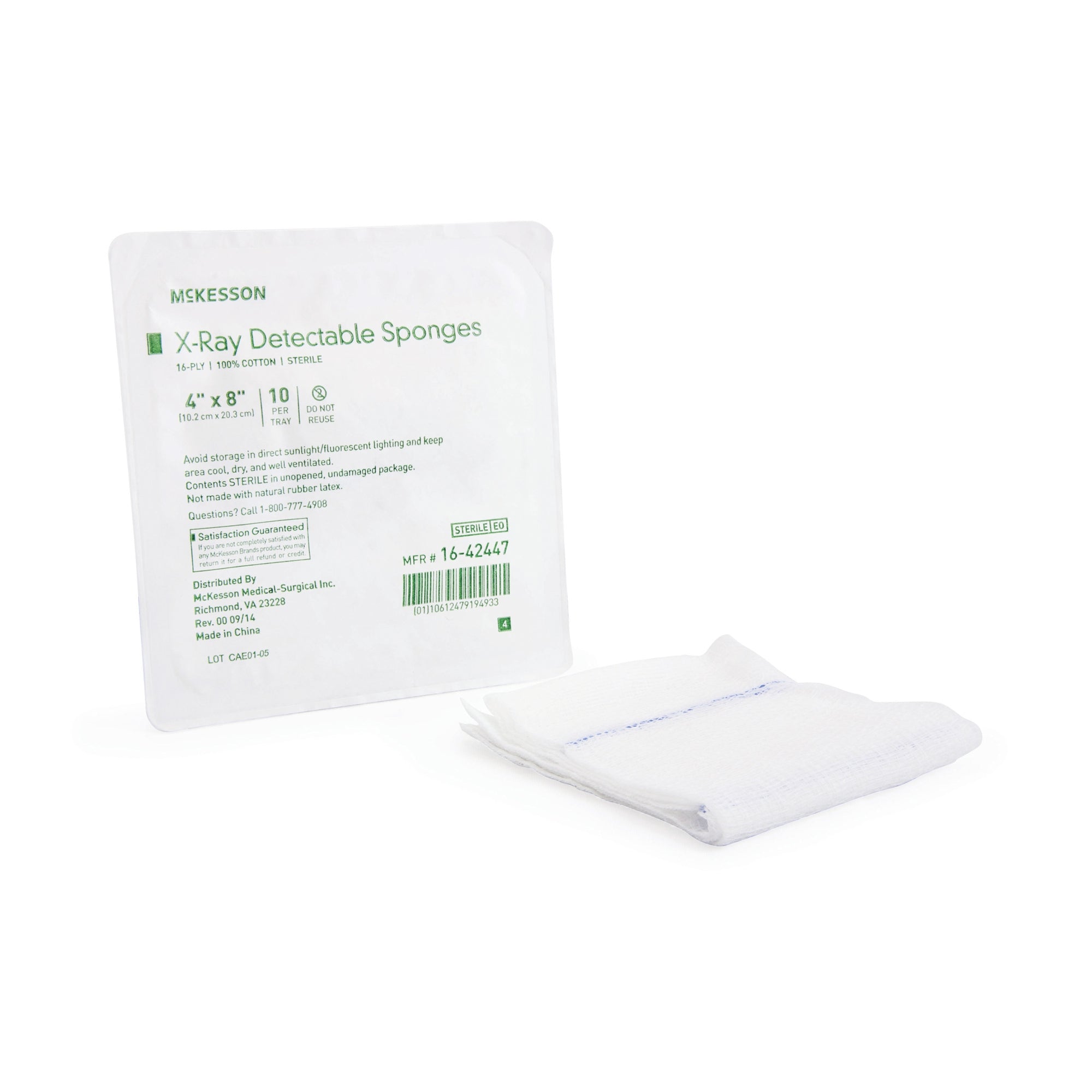 Gauze Sponge X-Ray Detectable McKesson 4 X 8 Inch 16-Ply Sterile X-Ray Detectable 10 per Tray, Packaging Type- Case