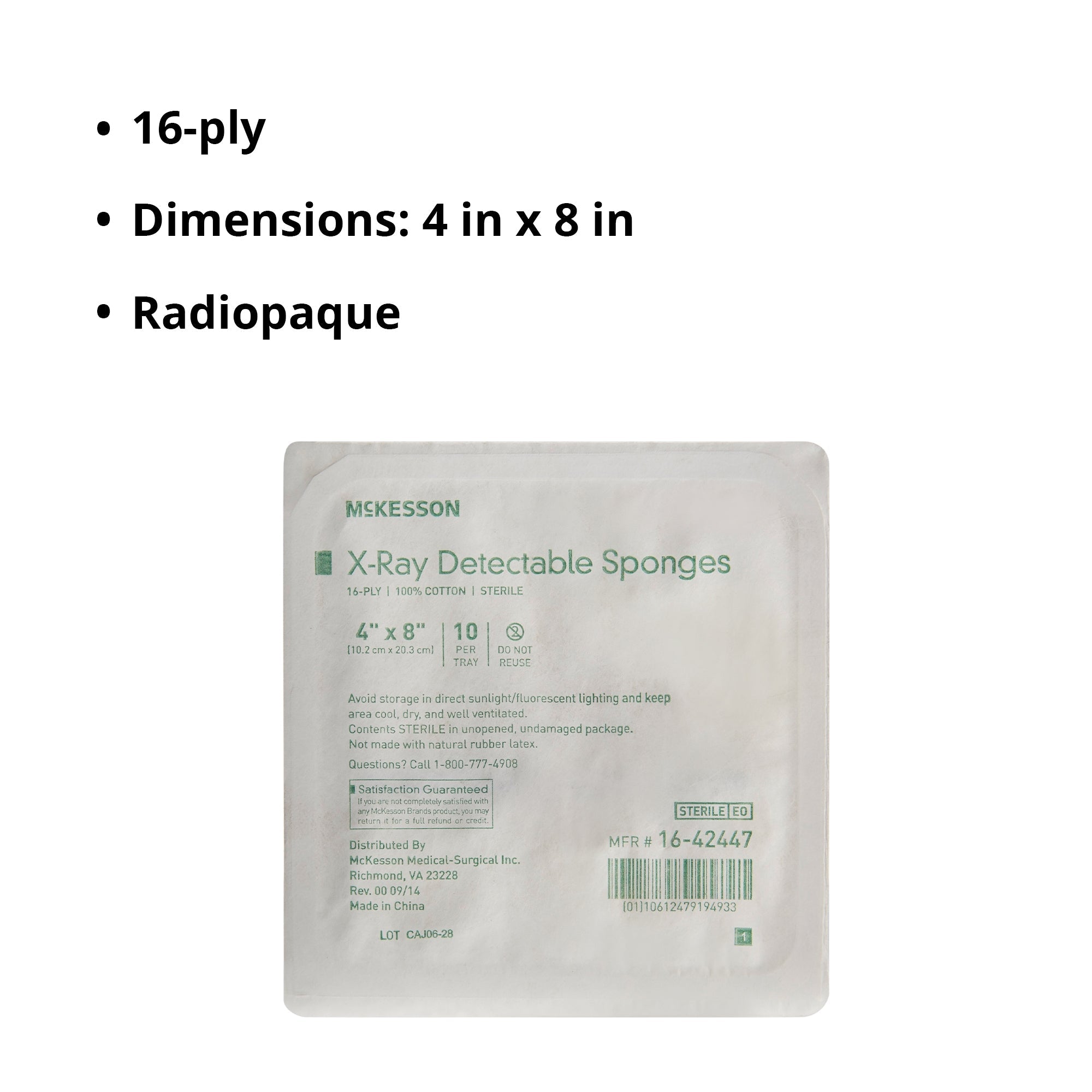 Gauze Sponge X-Ray Detectable McKesson 4 X 8 Inch 16-Ply Sterile X-Ray Detectable 10 per Tray, Packaging Type- Case