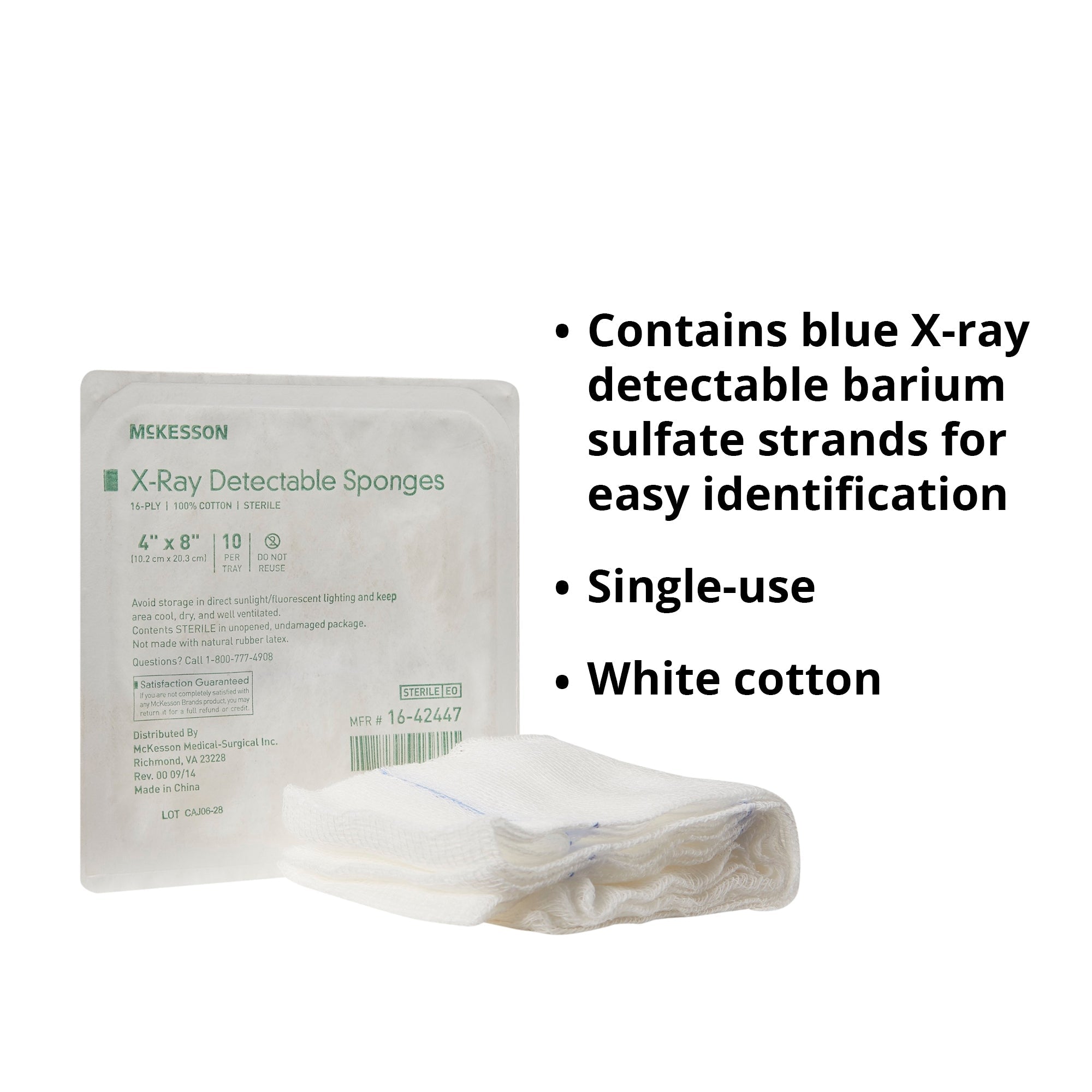 Gauze Sponge X-Ray Detectable McKesson 4 X 8 Inch 16-Ply Sterile X-Ray Detectable 10 per Tray, Packaging Type- Case