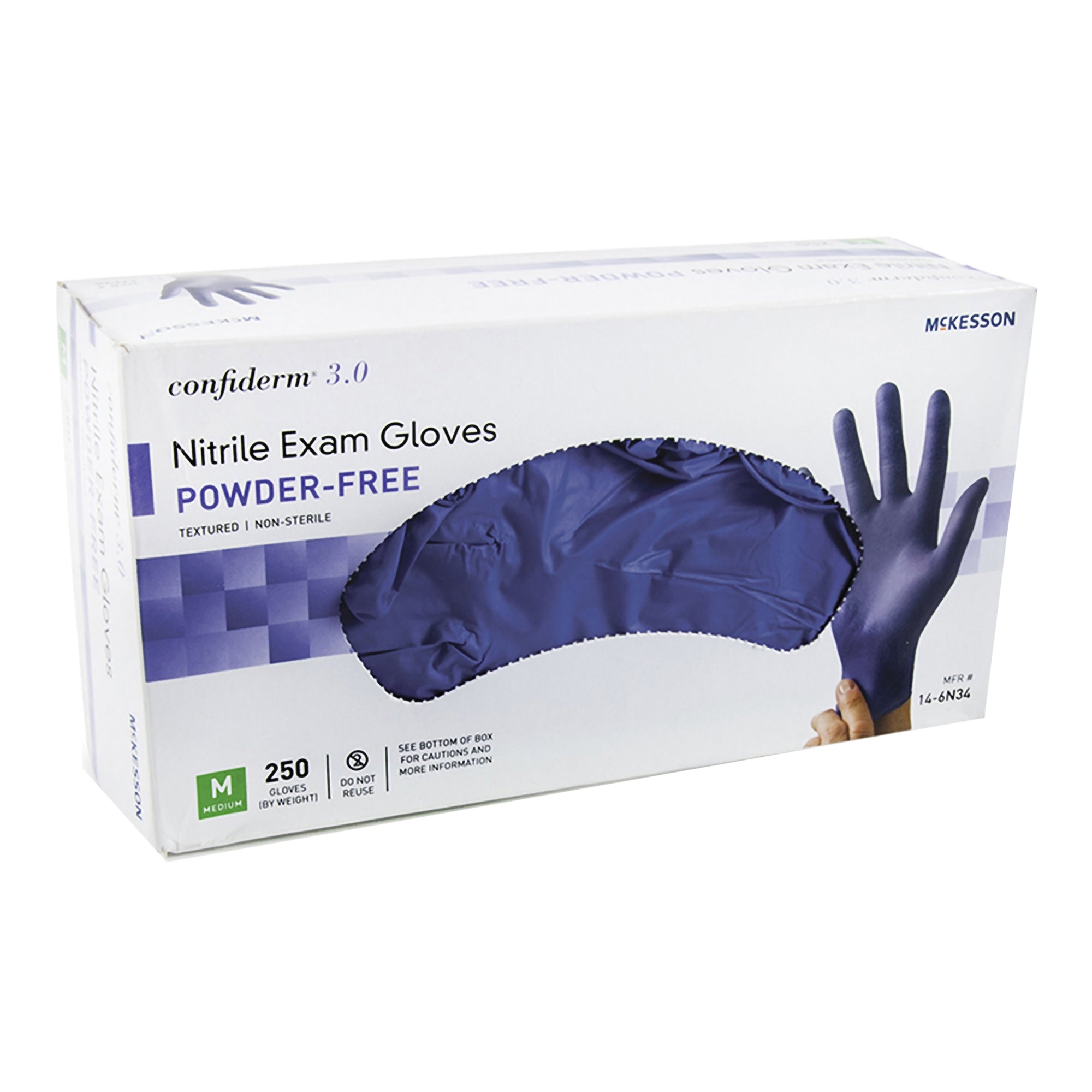 Exam Glove McKesson Confiderm 3.0 Medium NonSterile Nitrile Standard Cuff Length Textured Fingertips Blue Not Rated | 250/Box
