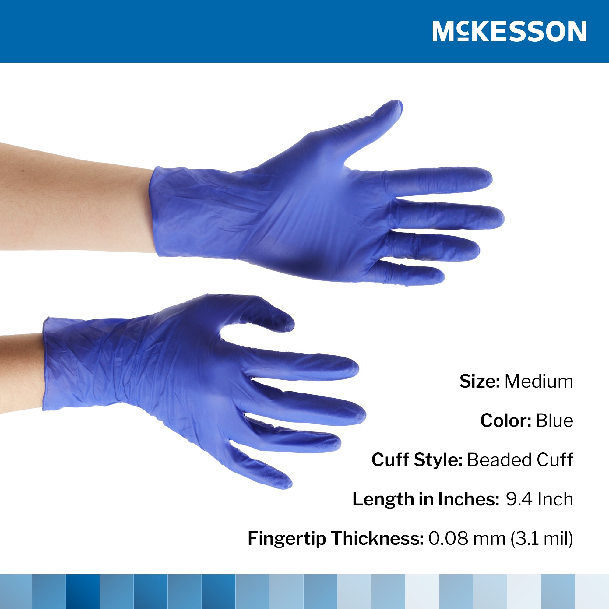 Exam Glove McKesson Confiderm 3.0 Medium NonSterile Nitrile Standard Cuff Length Textured Fingertips Blue Not Rated | 250/Box