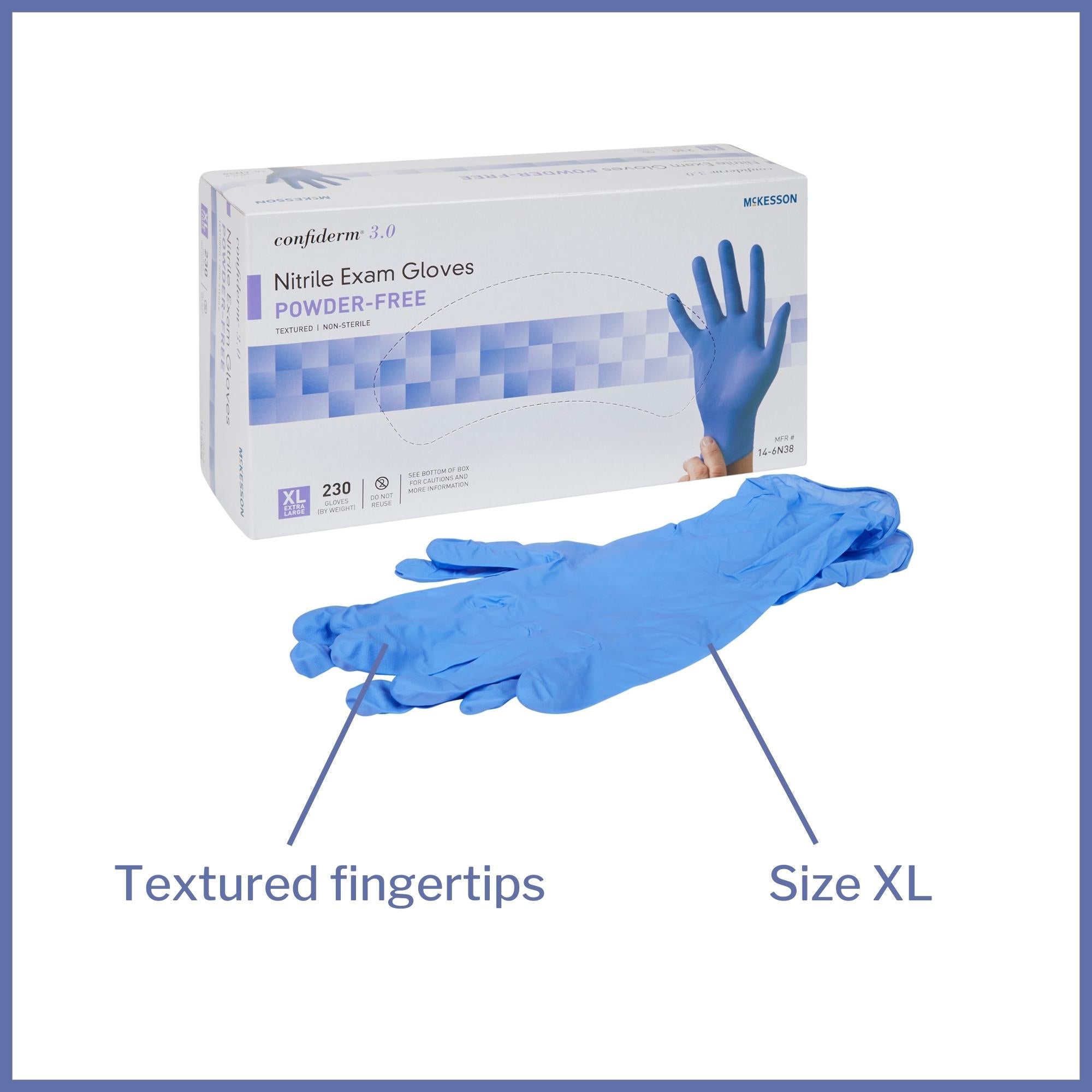 exam glove mckesson confiderm 3 0 x large nonsterile nitrile standard cuff length textured fingertips blue not rated packaging type box