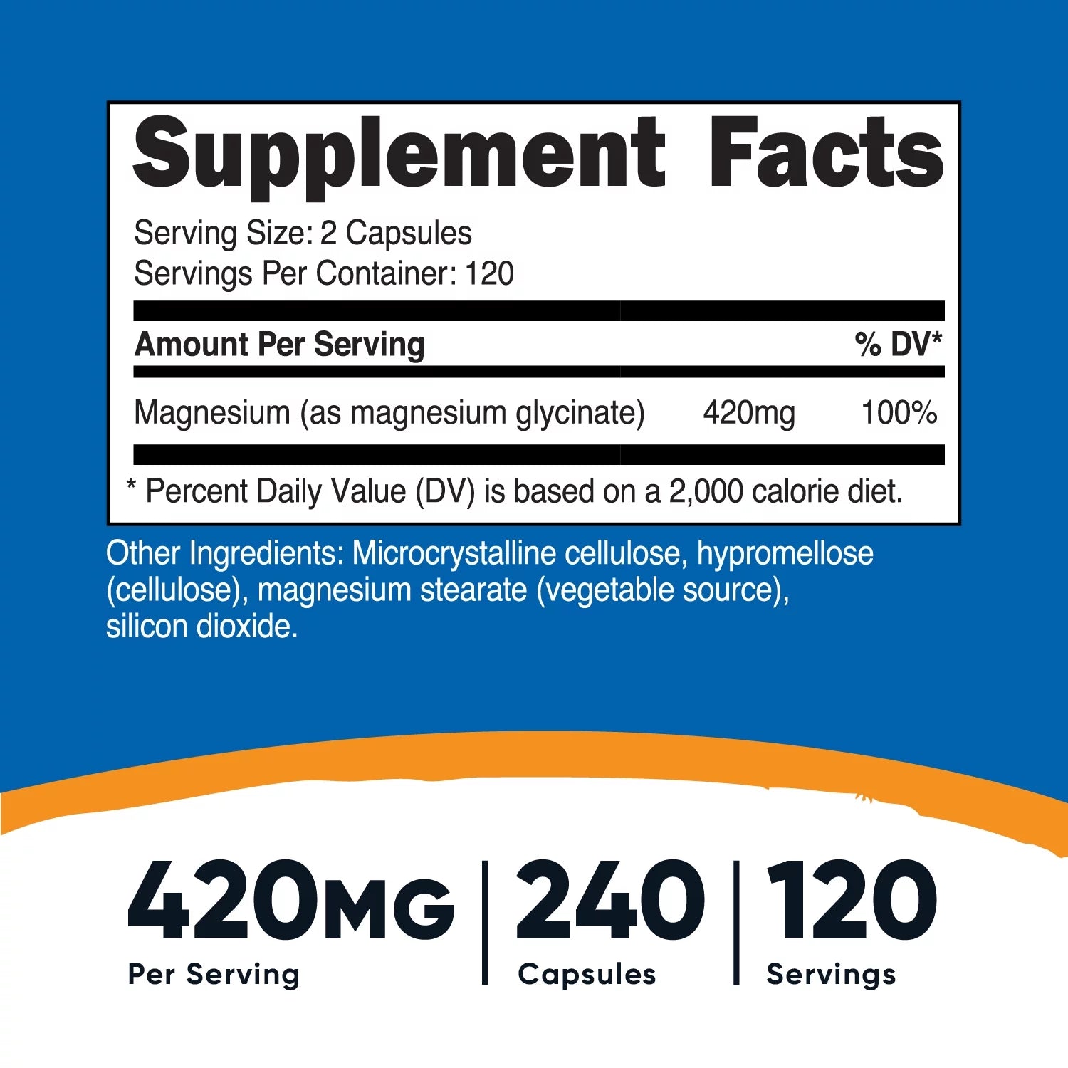 Magnesium+ Extra Strength 420Mg, 240 Capsules   120 Servings. Magnesium Glycinate, Oxide   Non Gmo, Gluten Free, Vegan Friendly