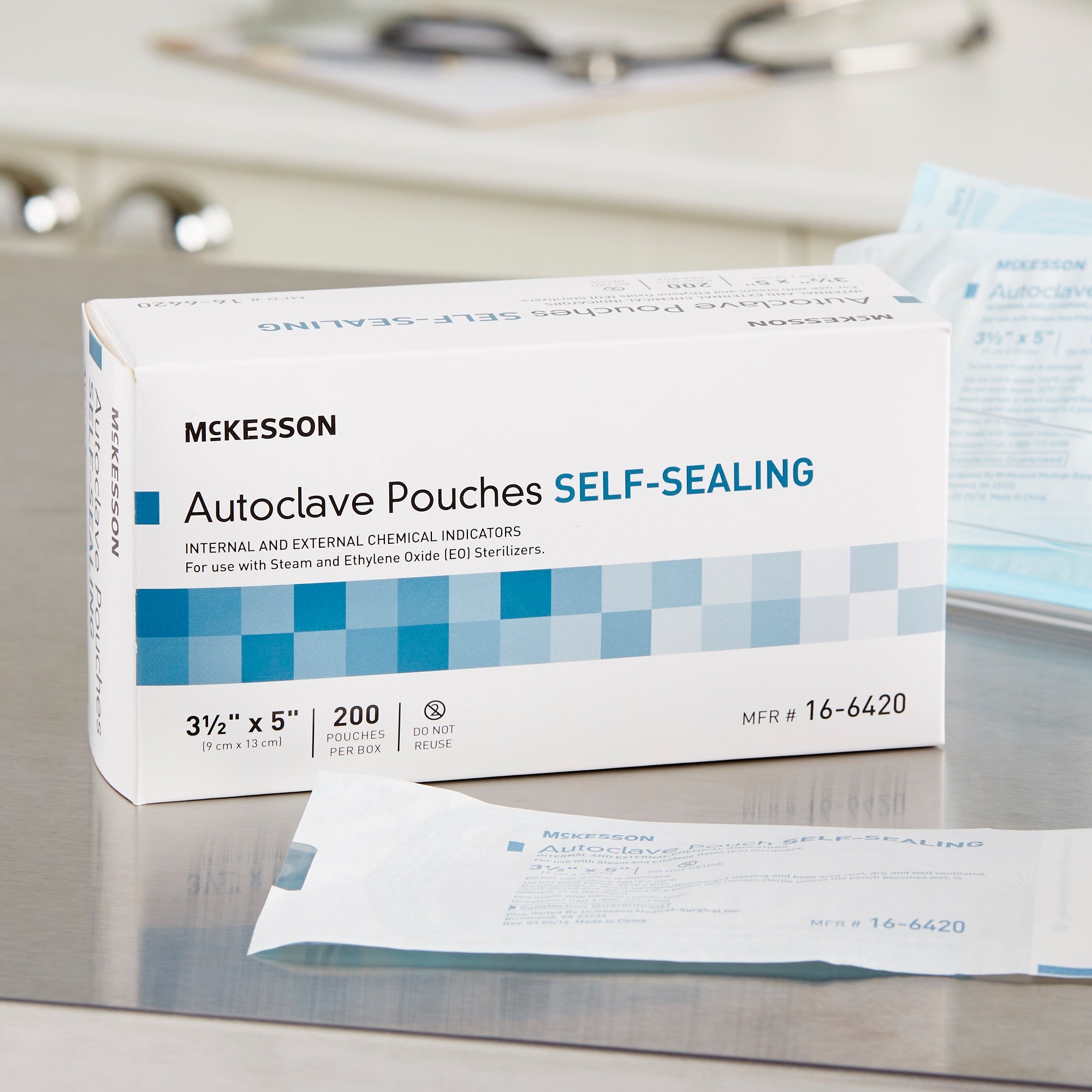 Sterilization Pouch McKesson Ethylene Oxide (EO) Gas / Steam 3-1/2 X 5 Inch Transparent Blue / White Self Seal Paper / Film, Packaging Type- Box