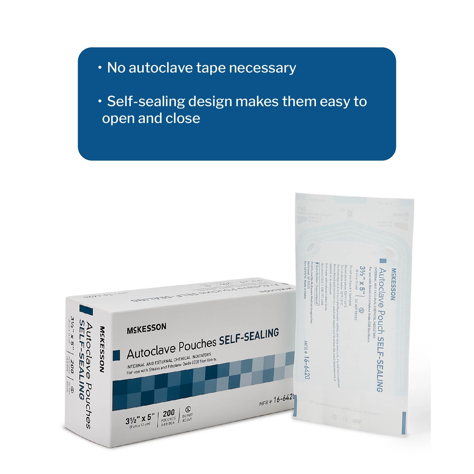 Sterilization Pouch McKesson Ethylene Oxide (EO) Gas / Steam 3-1/2 X 5 Inch Transparent Blue / White Self Seal Paper / Film, Packaging Type- Box