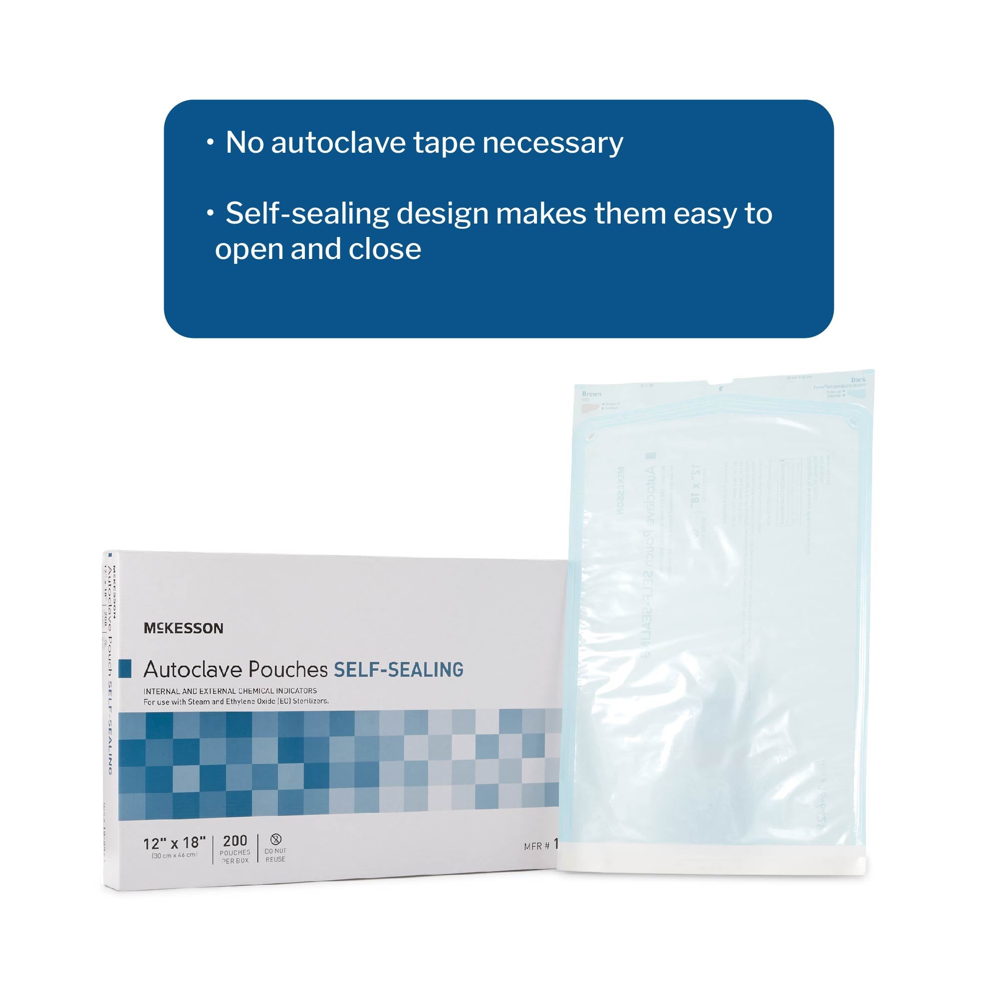 Sterilization Pouch McKesson Ethylene Oxide (EO) Gas / Steam 12 X 18 Inch Transparent Blue / White Self Seal Paper / Film, Packaging Type- Box