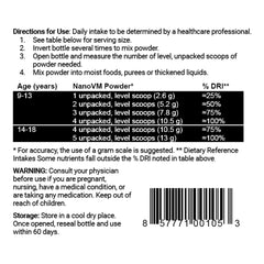 NanoVM 9-18 Years Vitamin & Mineral Supplement – Hypoallergenic Unflavored Powder, 275 g Jar