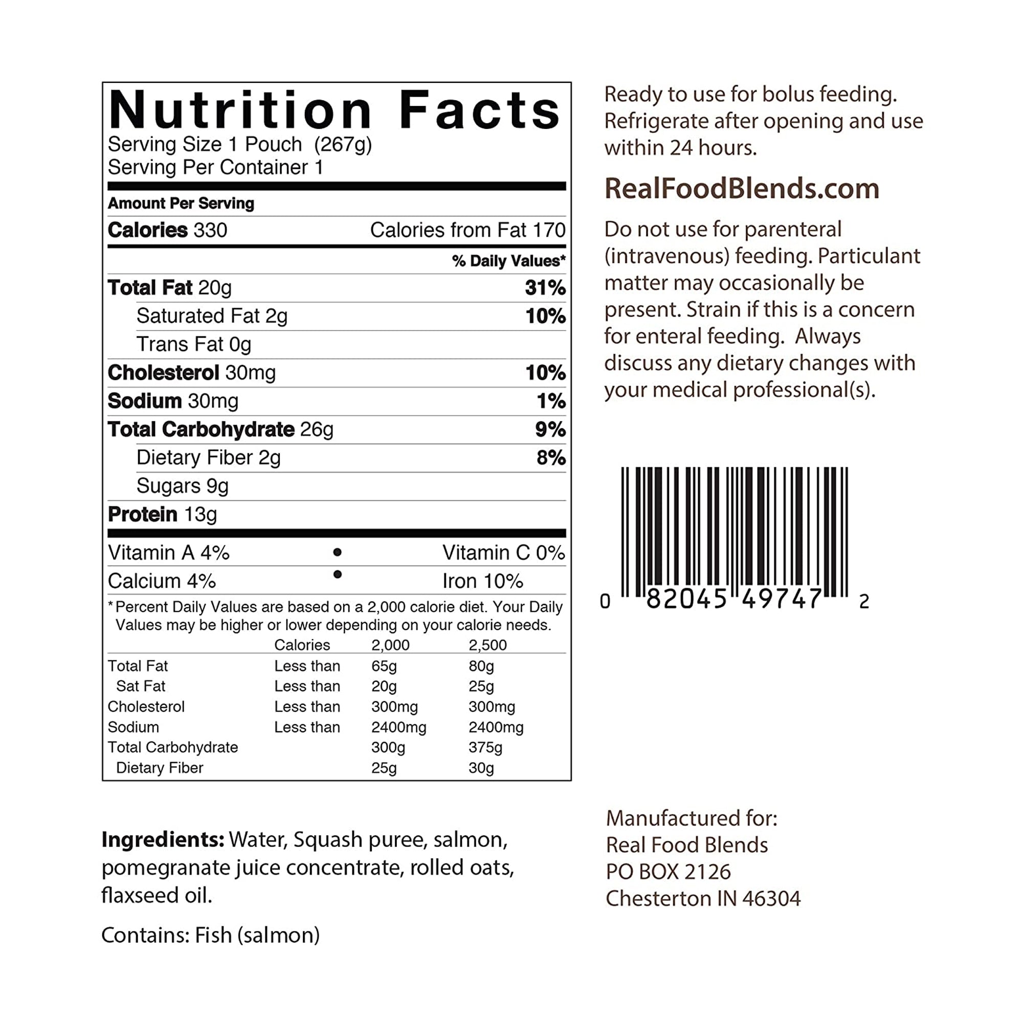Tube Feeding Formula Real Food Blends Salmon / Oats / Squash Flavor Liquid 9.4 oz. Pouch