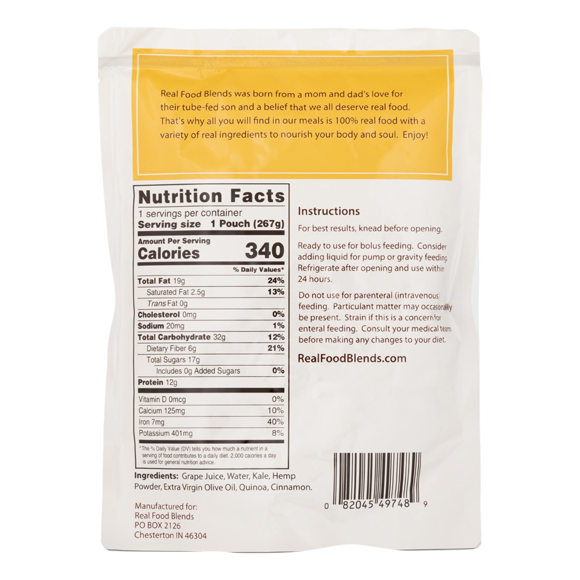 Tube Feeding Formula Real Food Blends Quinoa / Kale / Hemp Flavor Liquid 9.4 oz. Pouch,Packaging Type- Each