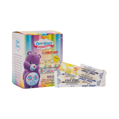 Stat Strip Care Bears Kids Adhesive Bandages – Sterile 3/4" × 3" Plastic Strips with Easy-Opening Wrapper