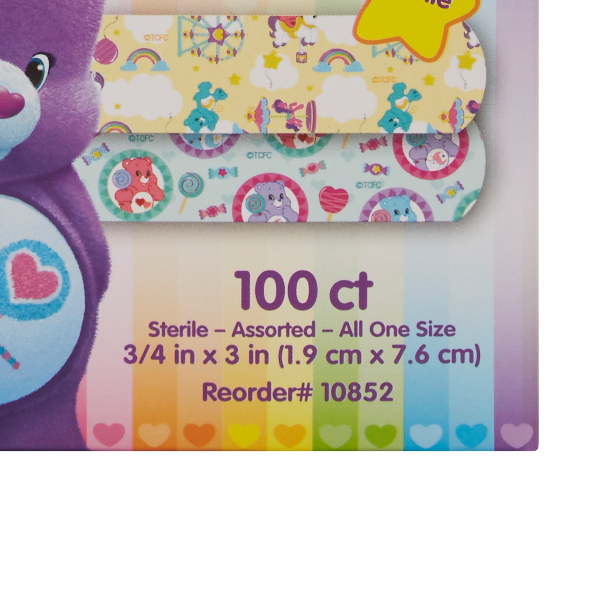 Stat Strip Care Bears Kids Adhesive Bandages – Sterile 3/4" × 3" Plastic Strips with Easy-Opening Wrapper