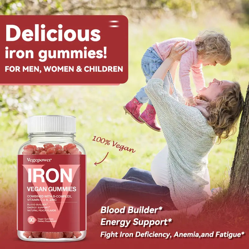 Vegan Iron Gummies Supplement - with Vitamin C, A, B-Complex, Folate, Zinc for Adults & Kids - Blood Builder & Energy Support for Iron Deficiency, Anemia, No after Taste - Peach Flavor (90 Ct) Healthcare Dietary