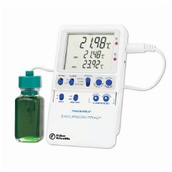 Datalogging Refrigerator / Freezer Thermometer with Alarm Fisherbrand Traceable Excursion-Trac Fahrenheit / Celsius -58° to +158°F (-50° to +70°C) Bottle Probe Multiple Mounting Options AC Adaptor / Battery Backup