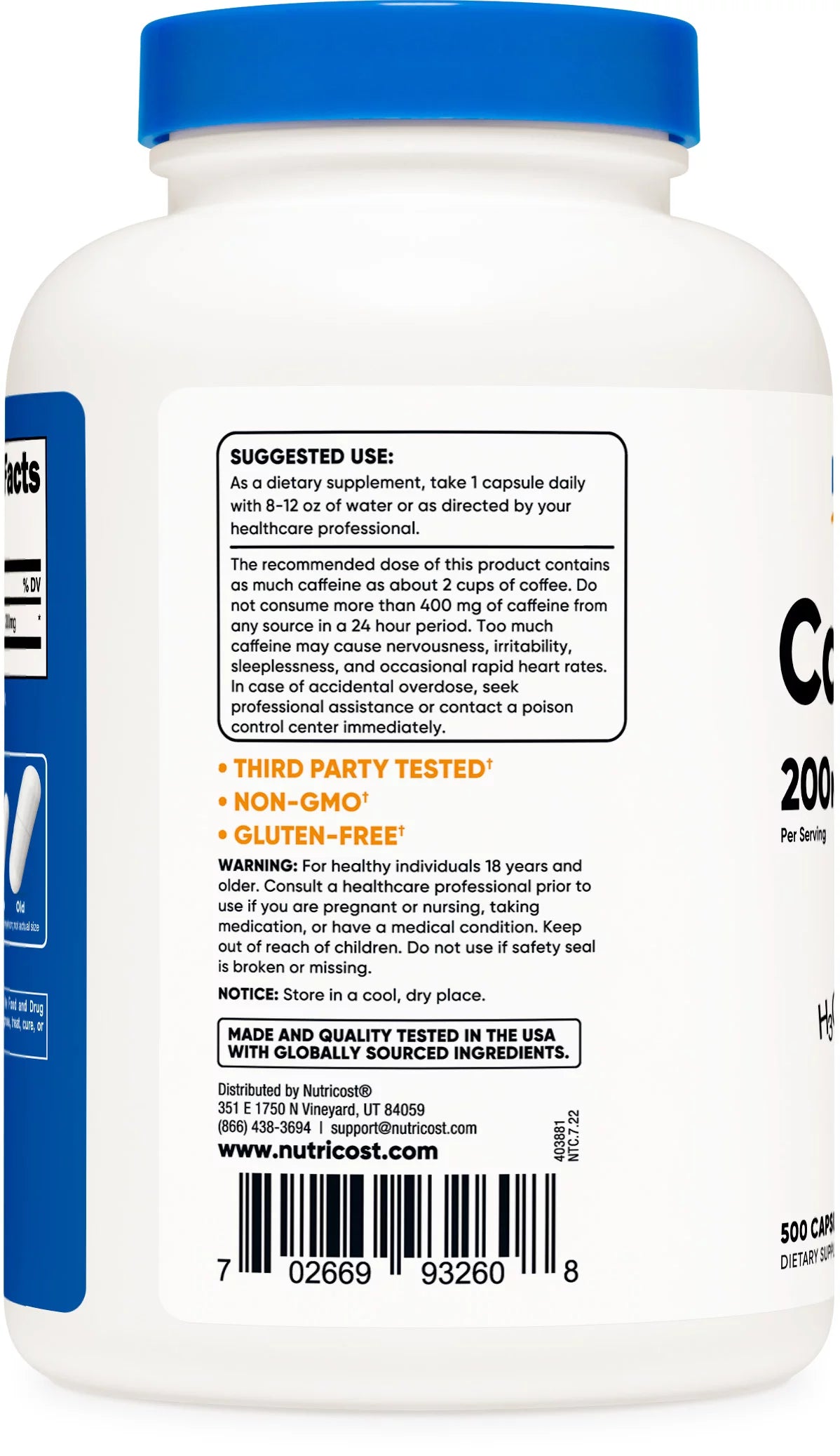 Caffeine 500 Capsules, 200Mg per Capsule   Gluten Free & Non Gmo Supplement