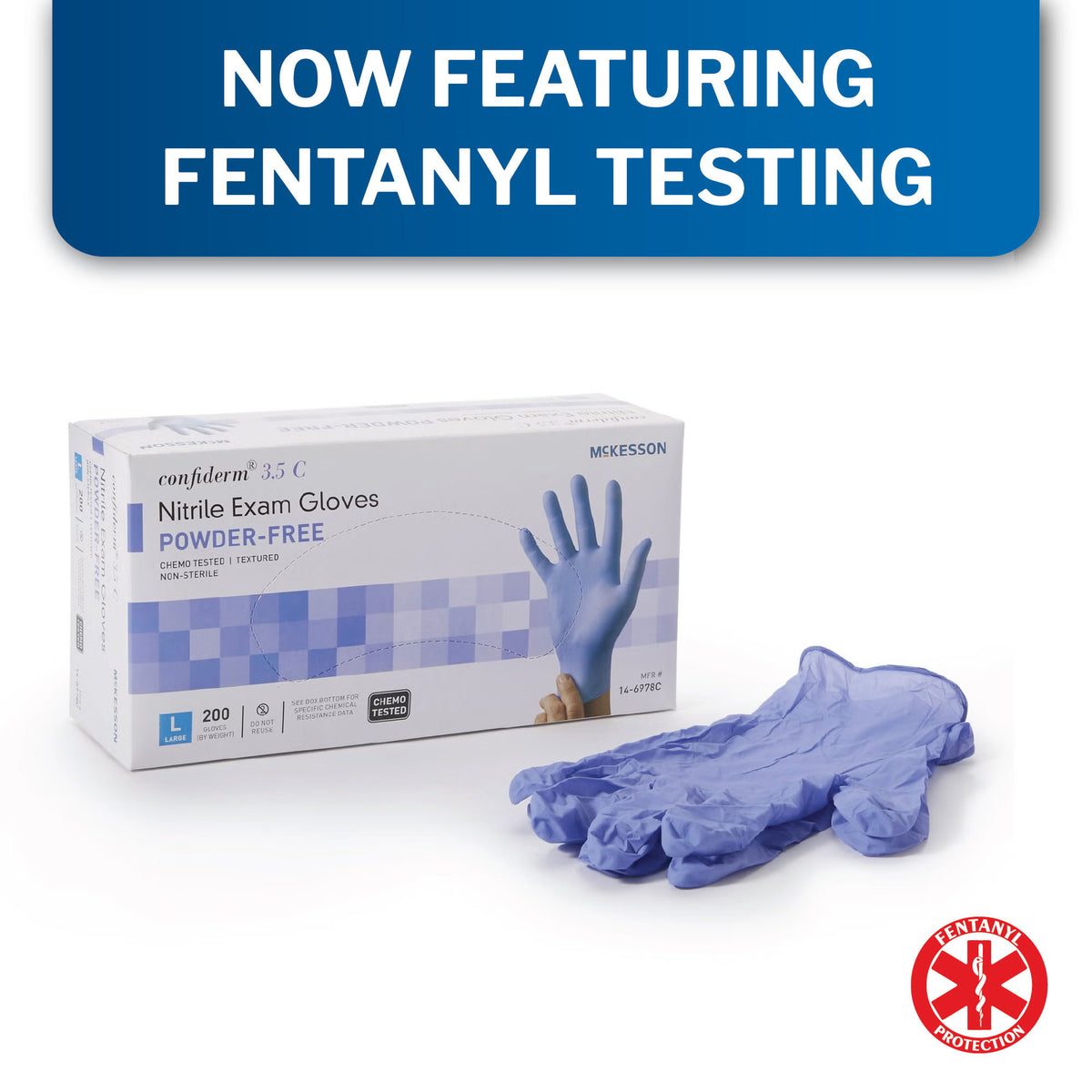 Exam Glove McKesson Confiderm 3.5C Large NonSterile Nitrile Standard Cuff Length Textured Fingertips Blue Chemo Tested,Packaging Type- Box Default Title