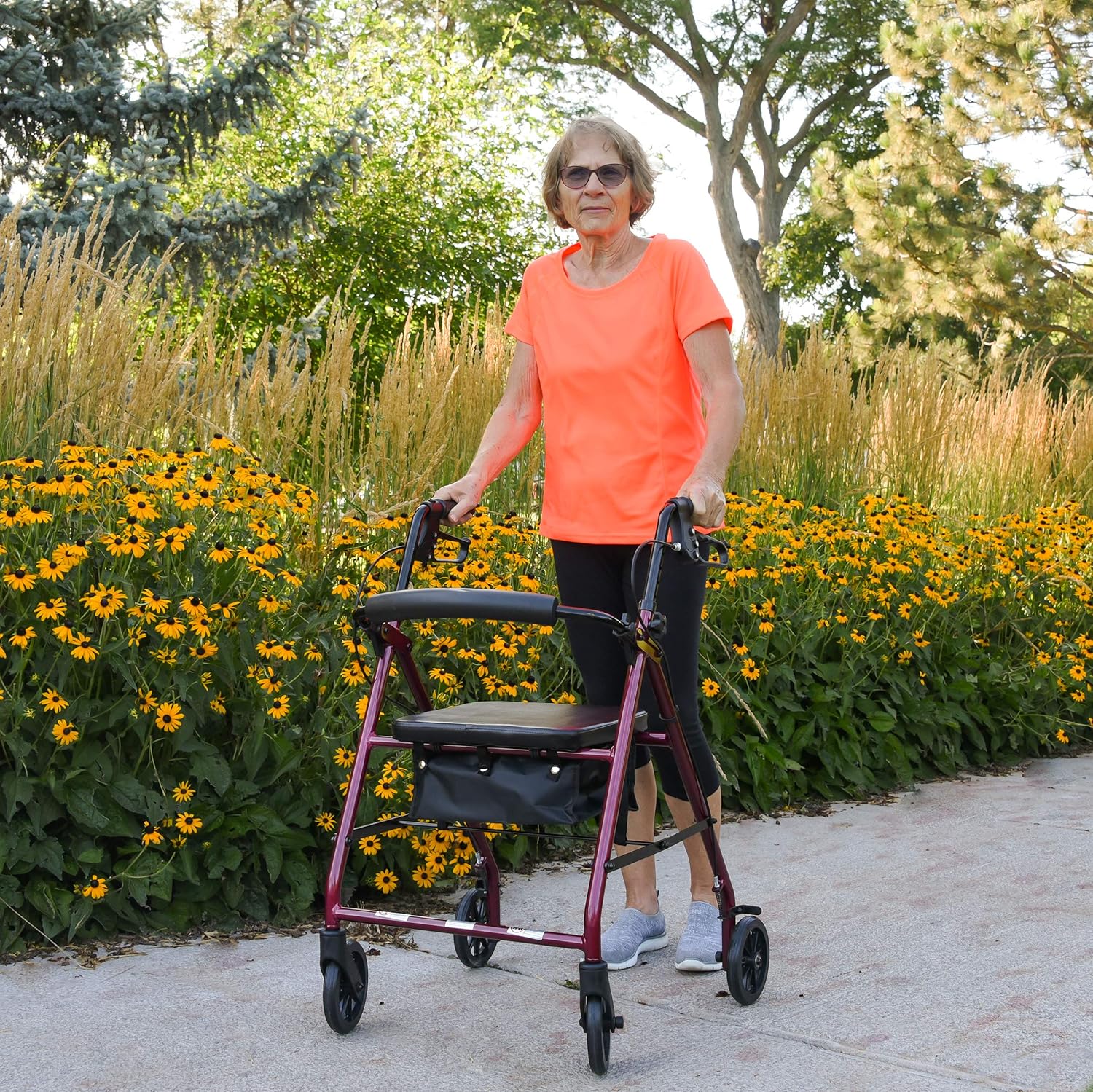 ProBasics Deluxe Aluminium Rollator For Seniors and Elders, Wheel size 8inch With Height Adjustable,Weight Capacity 300lbs,Burgundy Flame Color, RLA8BGF