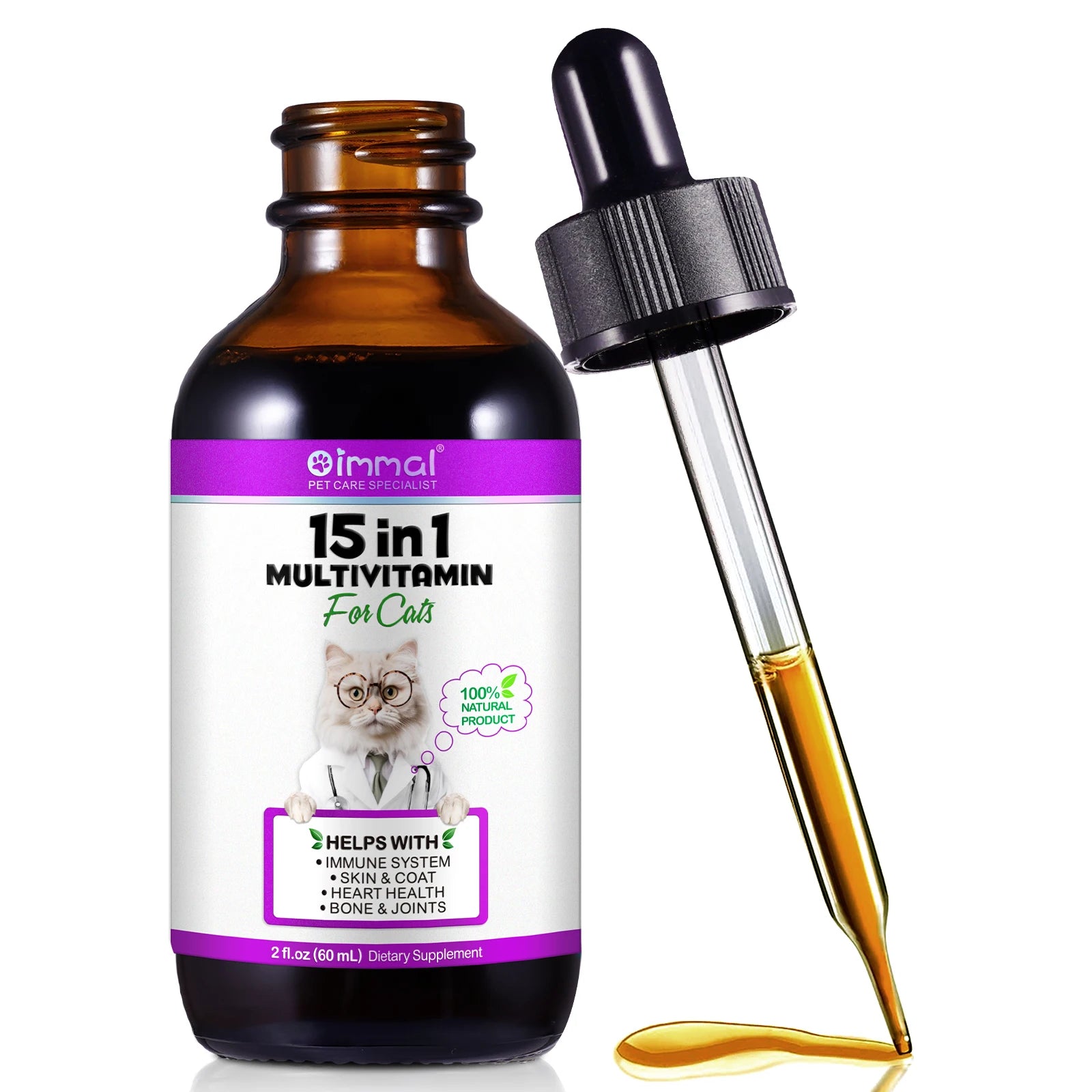 15-in-1 Cat Vitamins and Supplements Liquid Drops contains only herbal ingredients Active Coat Skin Boosting immunity Joints Hip