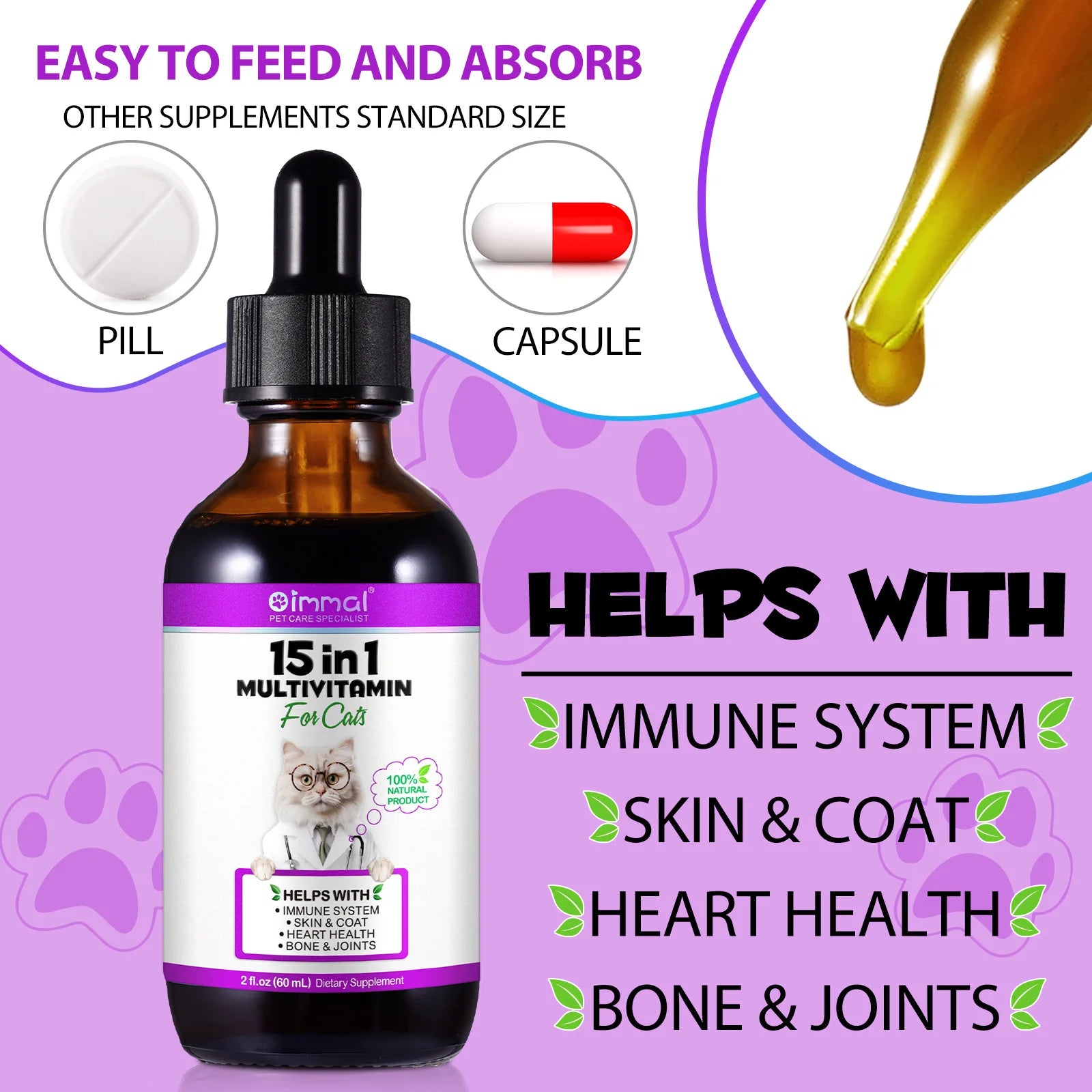 15-in-1 Cat Vitamins and Supplements Liquid Drops contains only herbal ingredients Active Coat Skin Boosting immunity Joints Hip