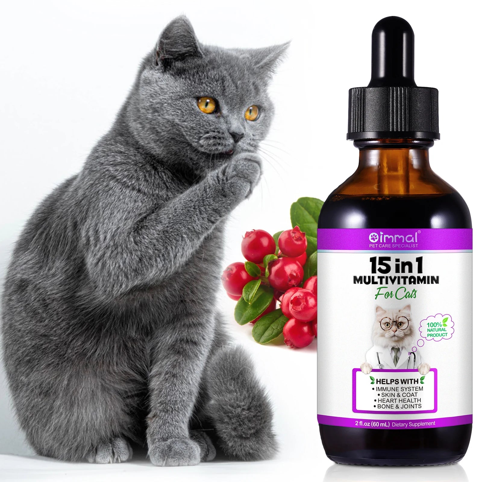 15-in-1 Cat Vitamins and Supplements Liquid Drops contains only herbal ingredients Active Coat Skin Boosting immunity Joints Hip