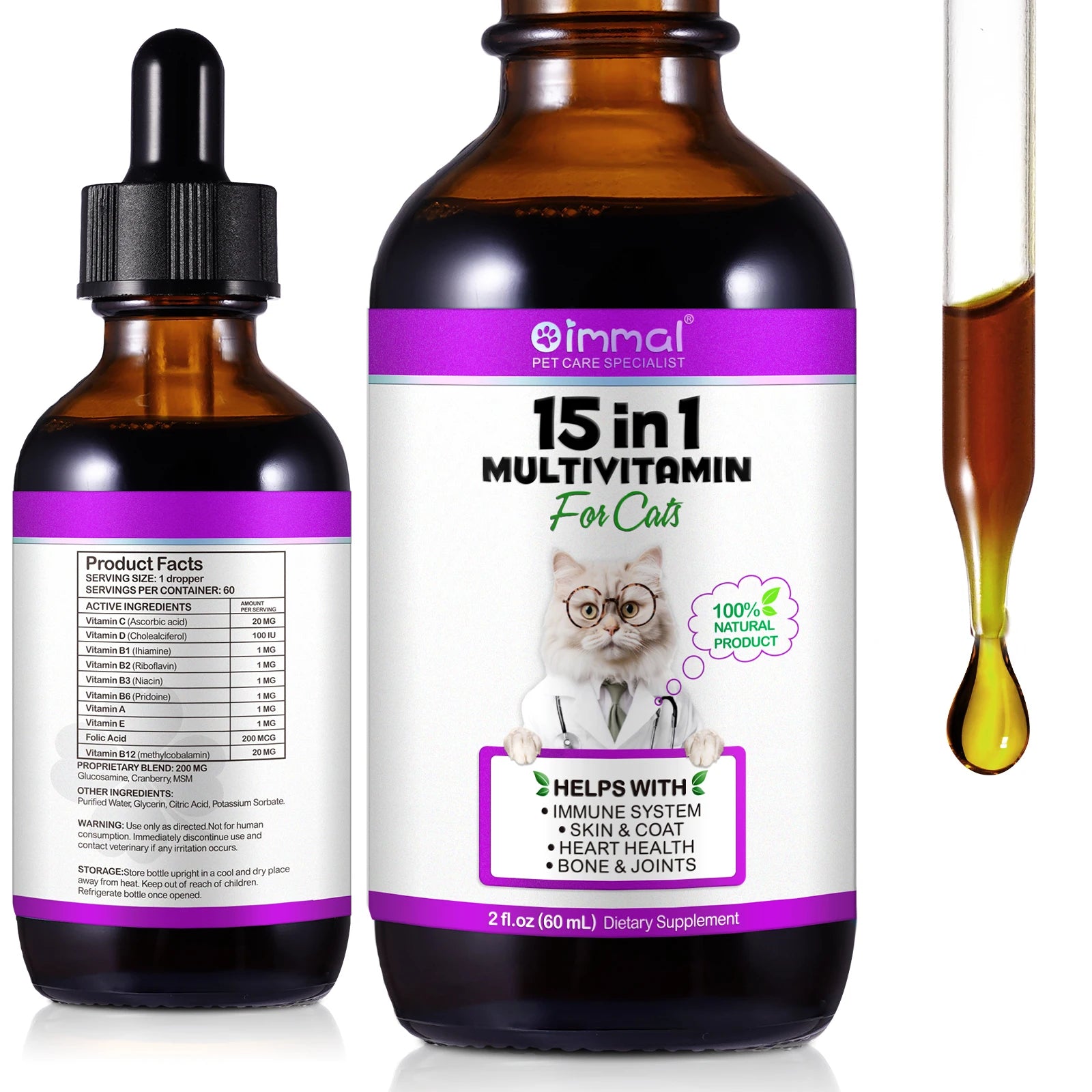 15-in-1 Cat Vitamins and Supplements Liquid Drops contains only herbal ingredients Active Coat Skin Boosting immunity Joints Hip