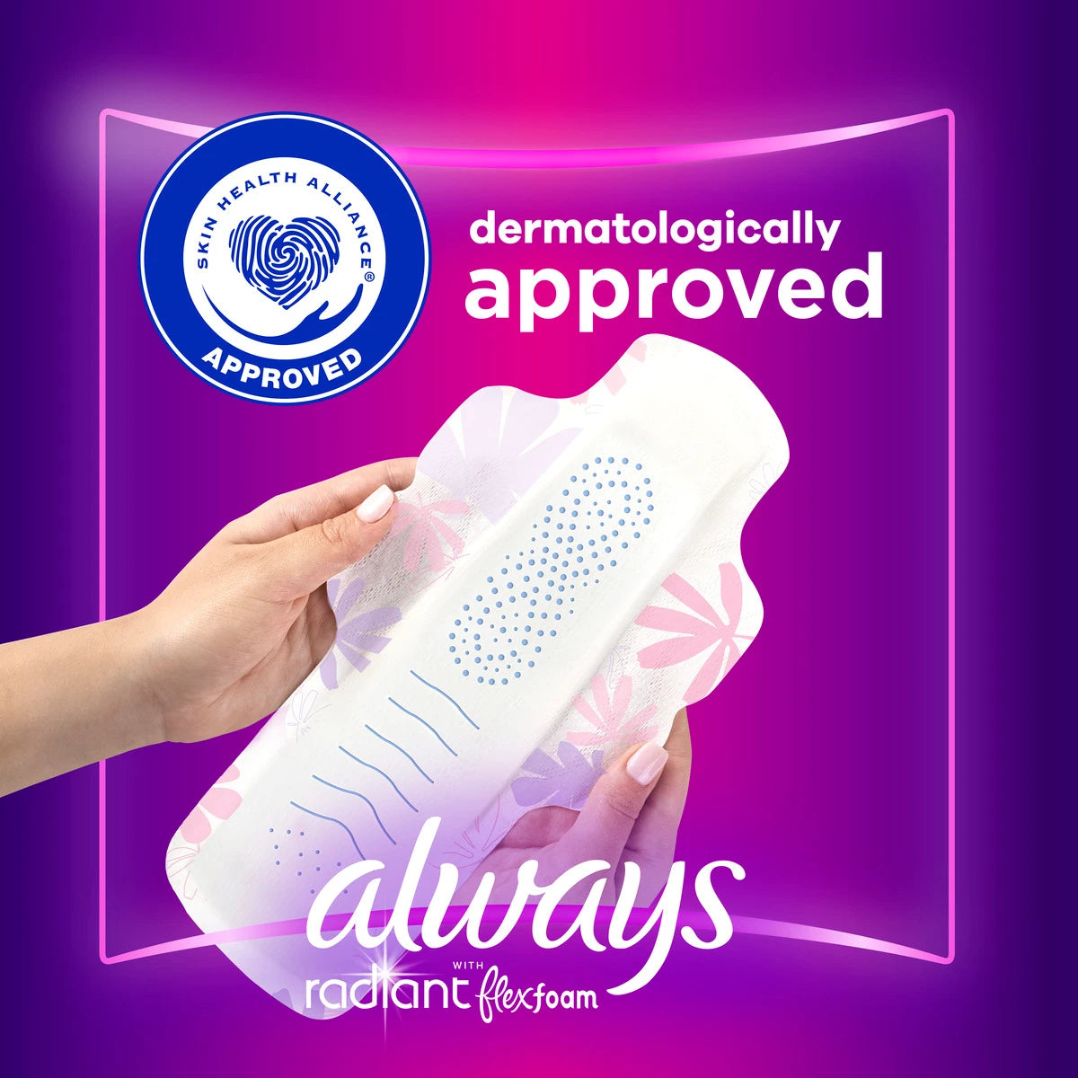 feminine pad always radiant with flexfoam overnight with wings heavy absorbency packaging type box