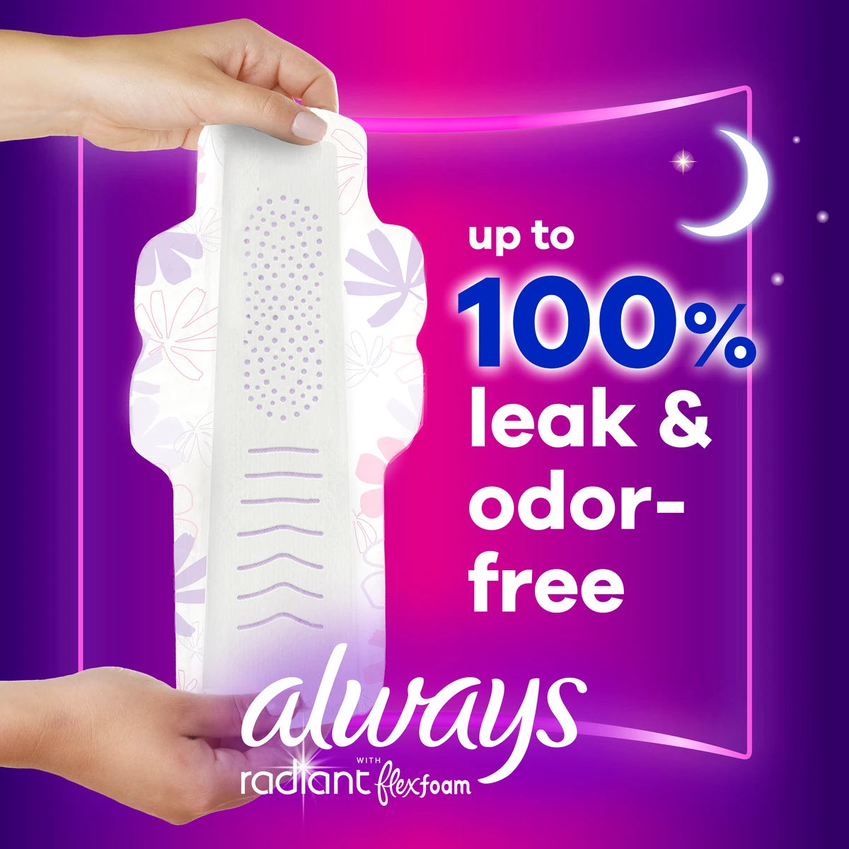 feminine pad always radiant with flexfoam overnight with wings heavy absorbency packaging type box