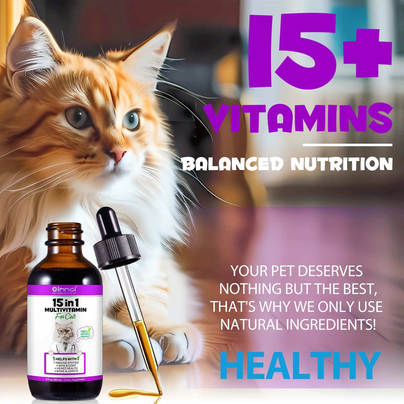 15-in-1 Cat Vitamins and Supplements Liquid Drops contains only herbal ingredients Active Coat Skin Boosting immunity Joints Hip