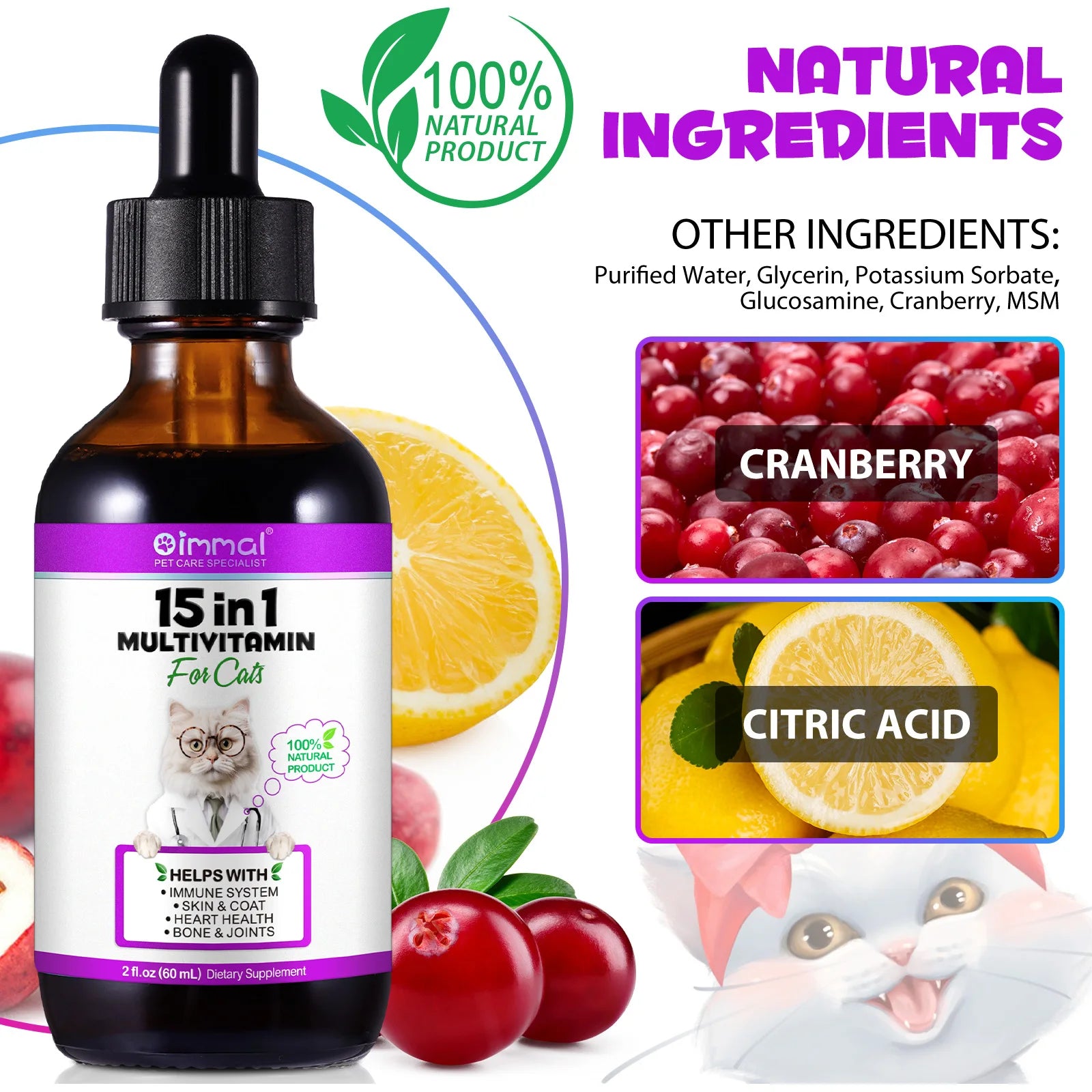 15-in-1 Cat Vitamins and Supplements Liquid Drops contains only herbal ingredients Active Coat Skin Boosting immunity Joints Hip