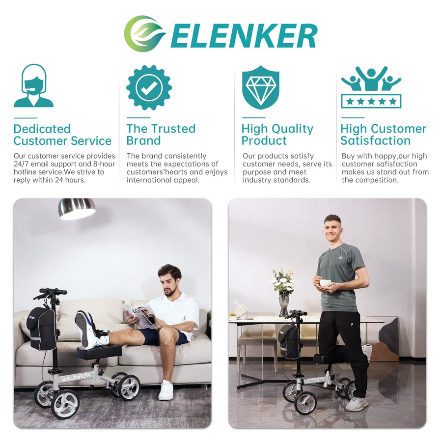 ELENKER YF-9003C Steerable Knee Walker Deluxe Medical Scooter for Foot Injuries Compact Crutches Alternative Silver