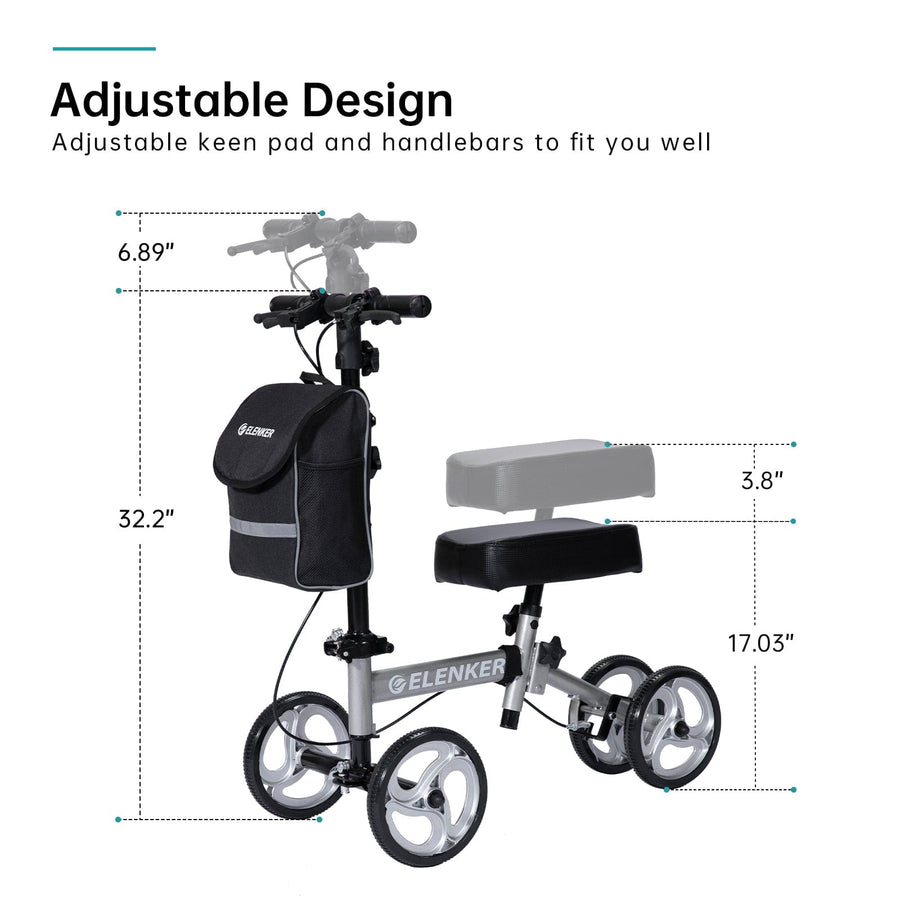 ELENKER YF-9003C Steerable Knee Walker Deluxe Medical Scooter for Foot Injuries Compact Crutches Alternative Silver