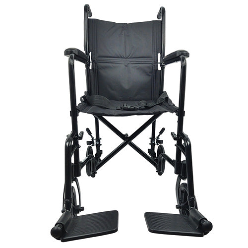 Lightweight folding electric wheelchair front angle view with padded seat