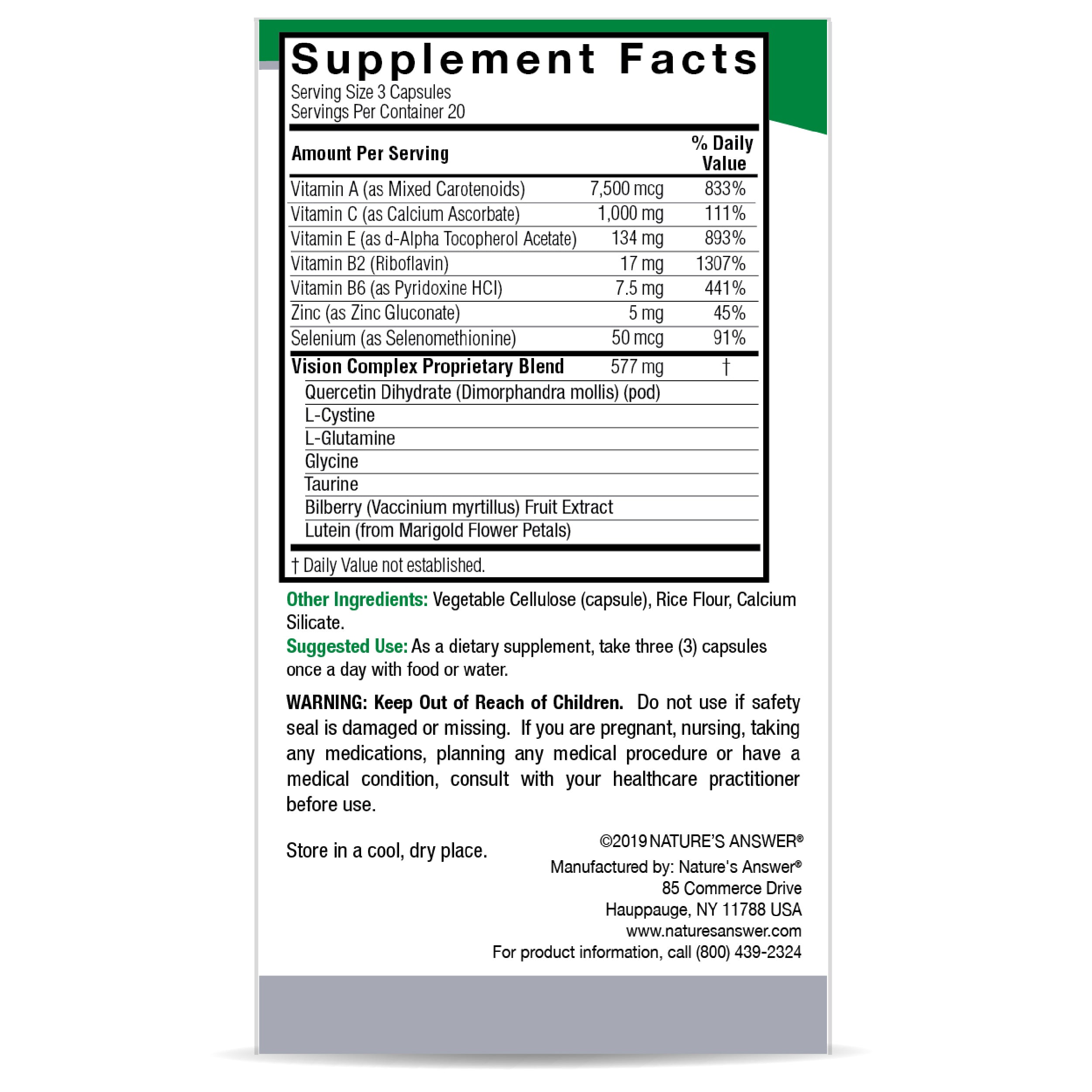 Nature's Answer - Bilberry Vision Complex Plus Lutein - 60 Vegetarian Capsules