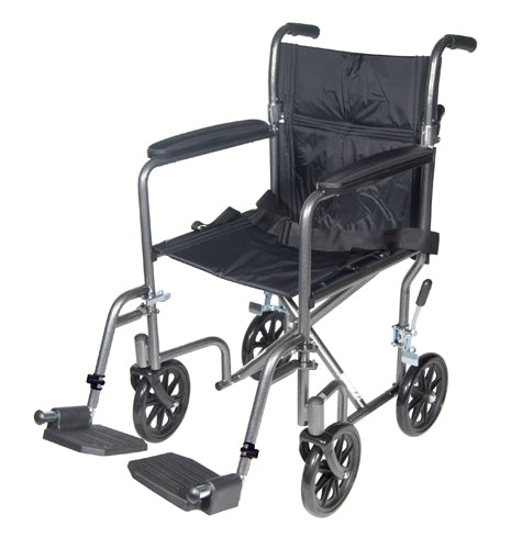 Drive Medical Transport Wheelchair with Padded Armrests and Swing-away Footrests ,8 Casters In Front And 6" Rear Wheels ,250 lbs Weight Capacity ,17" (W) x 16" (D) ,10950ASV