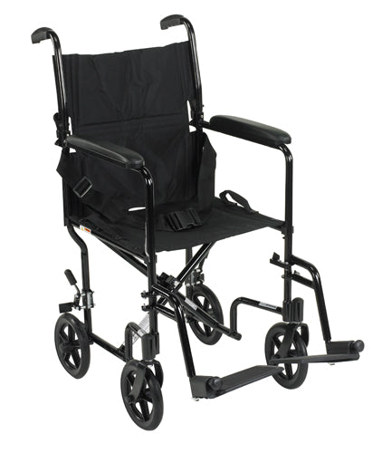 Drive Medical Transport Lightweight Blue Wheelchair with Padded armrests and swing-away footrests ,Composite 8" Wheels ,300 lbs Weight Capacity ,19" (W) x 16" (D) ,10950D