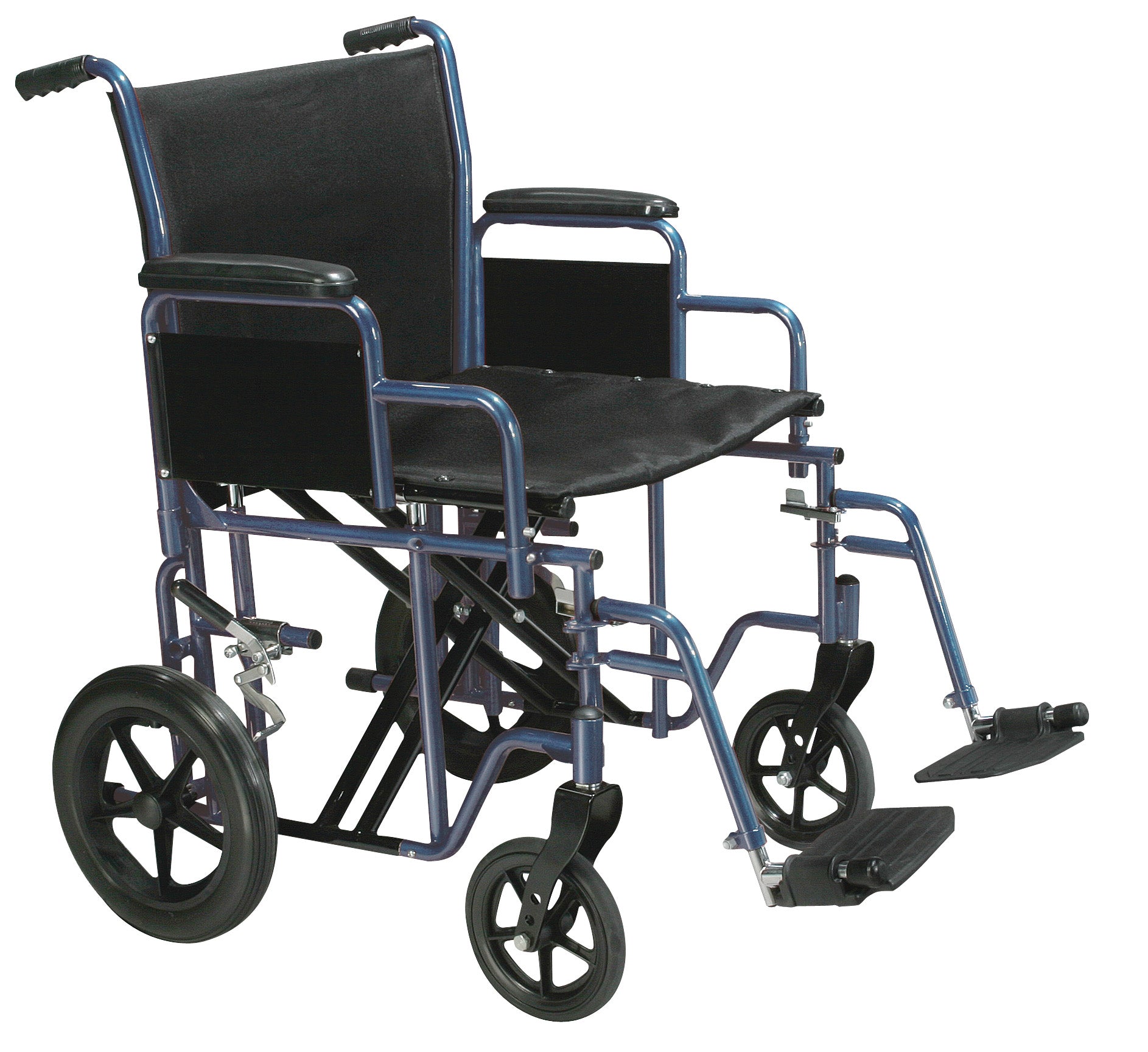 Silla de ruedas bariátrica azul Drive Medical con brazos extraíbles y reversibles a la altura del escritorio y reposapiés abatibles, ruedas traseras de 12", capacidad de peso de 450 lb, 22" (ancho) x 18" (profundidad), 10952D