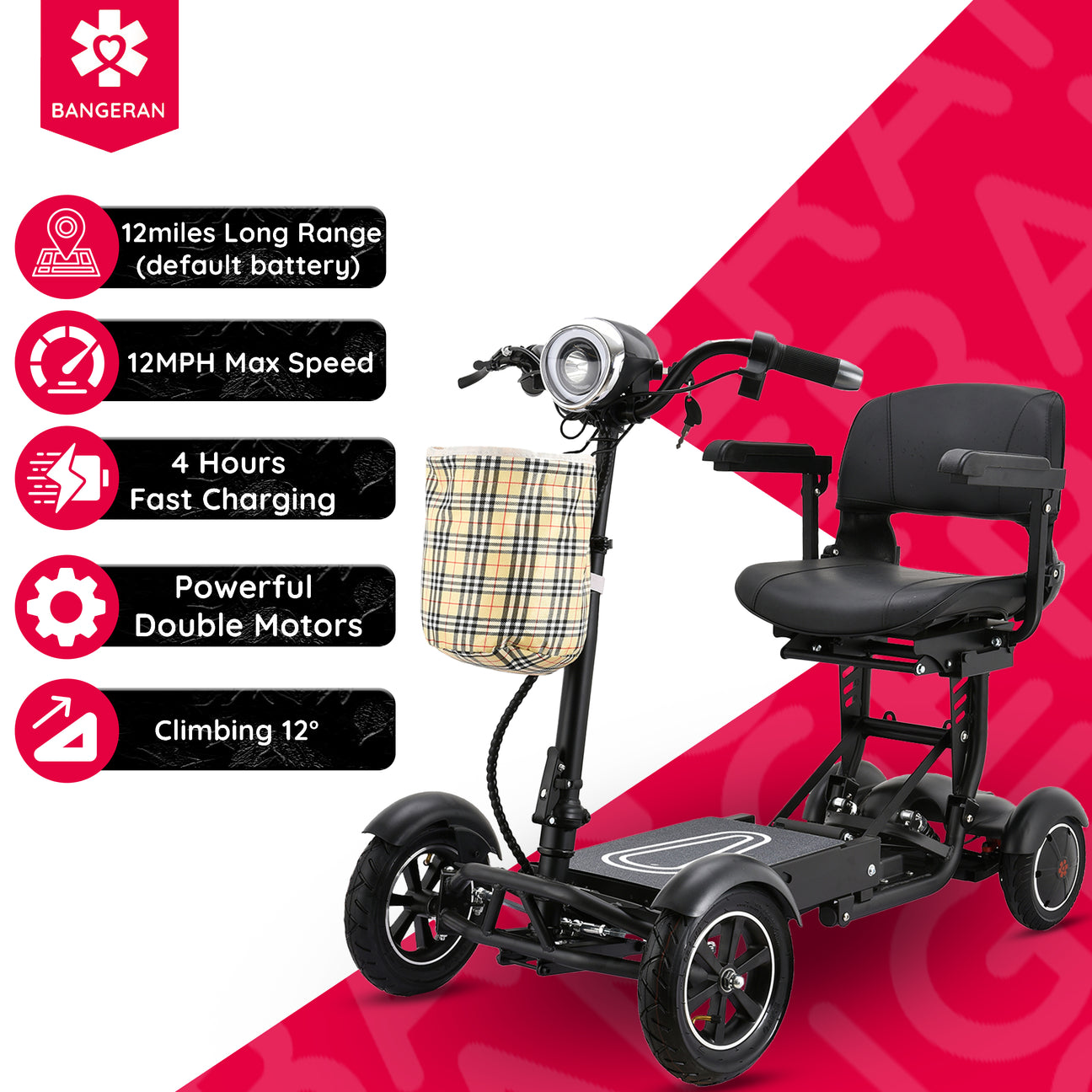 Bangeran 4 Wheel Collapsible Portable Electric Powered Wheelchair