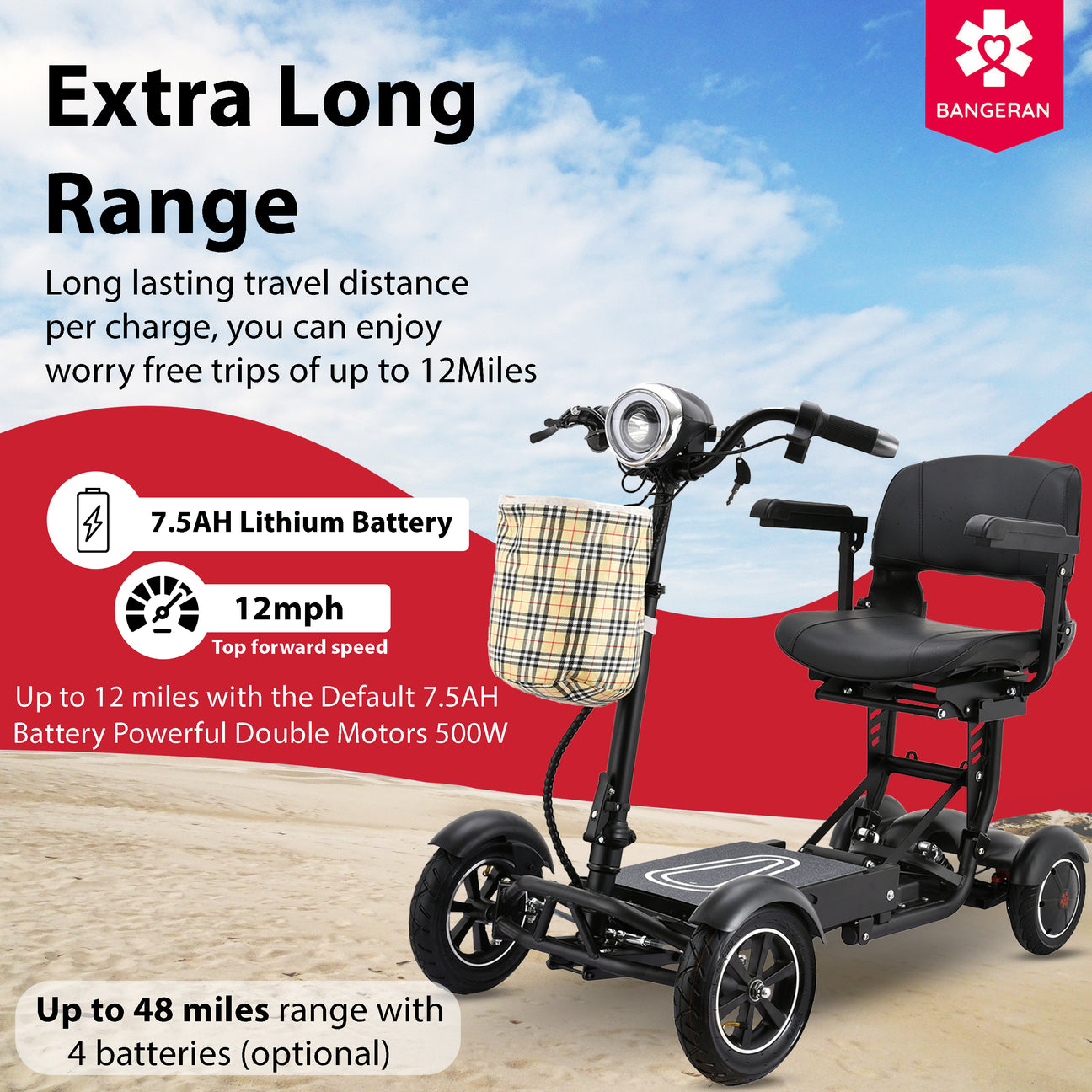 Bangeran 4 Wheel Collapsible Portable Electric Powered Wheelchair