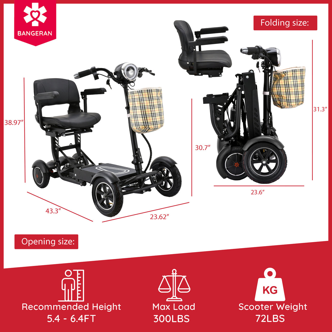 Bangeran 4 Wheel Collapsible Portable Electric Powered Wheelchair