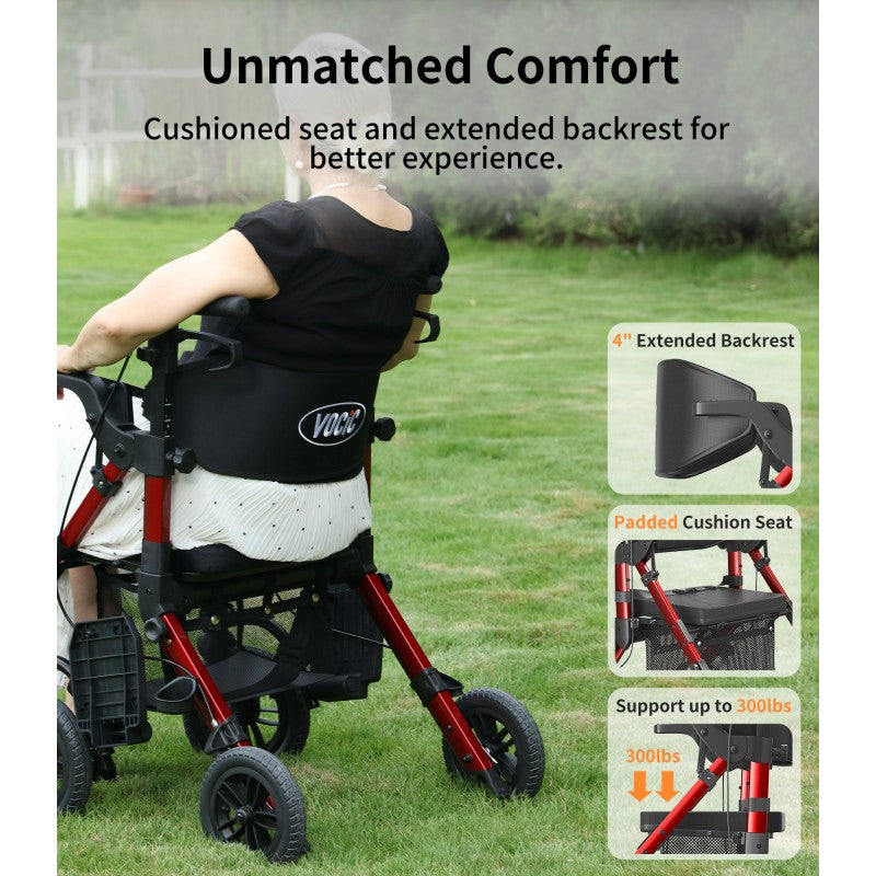 VOCIC Z51 Shift Combo 2 In 1 Rollator - Transport Chair Walker– Lightweight Aluminum Mobility Aid with Seat, Footrests & 300 lbs Capacity