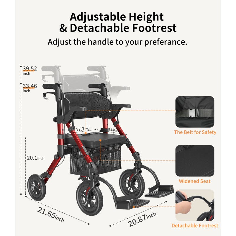 VOCIC Z51 Shift Combo 2 In 1 Rollator - Transport Chair Walker– Lightweight Aluminum Mobility Aid with Seat, Footrests & 300 lbs Capacity