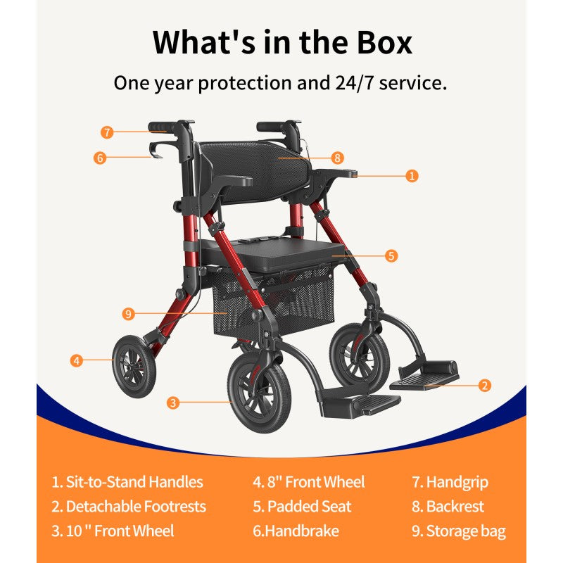VOCIC Z51 Shift Combo 2 In 1 Rollator - Transport Chair Walker– Lightweight Aluminum Mobility Aid with Seat, Footrests & 300 lbs Capacity