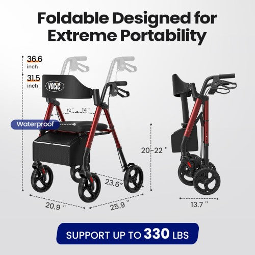 VOCIC Z21 Ultra-budget Rollator Walker- Foldable Mobility Aid with 8” Wheels and 300 lbs Capacity, Lightweight Rollator