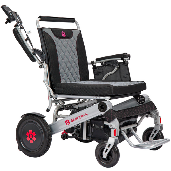 Silver electric wheelchair with padded seat and backrest mobility chair