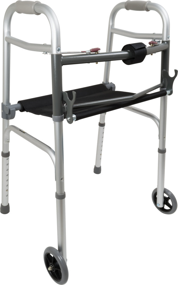 ProBasics Two-Button Folding Walker with Wheels and Roll-Up Seat,