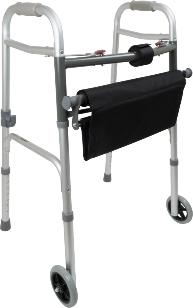 ProBasics Two-Button Folding Walker with Wheels and Roll-Up Seat,