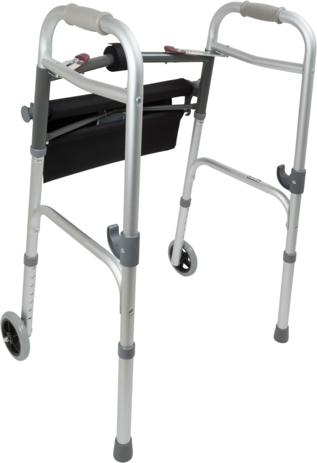 ProBasics Two-Button Folding Walker with Wheels and Roll-Up Seat,