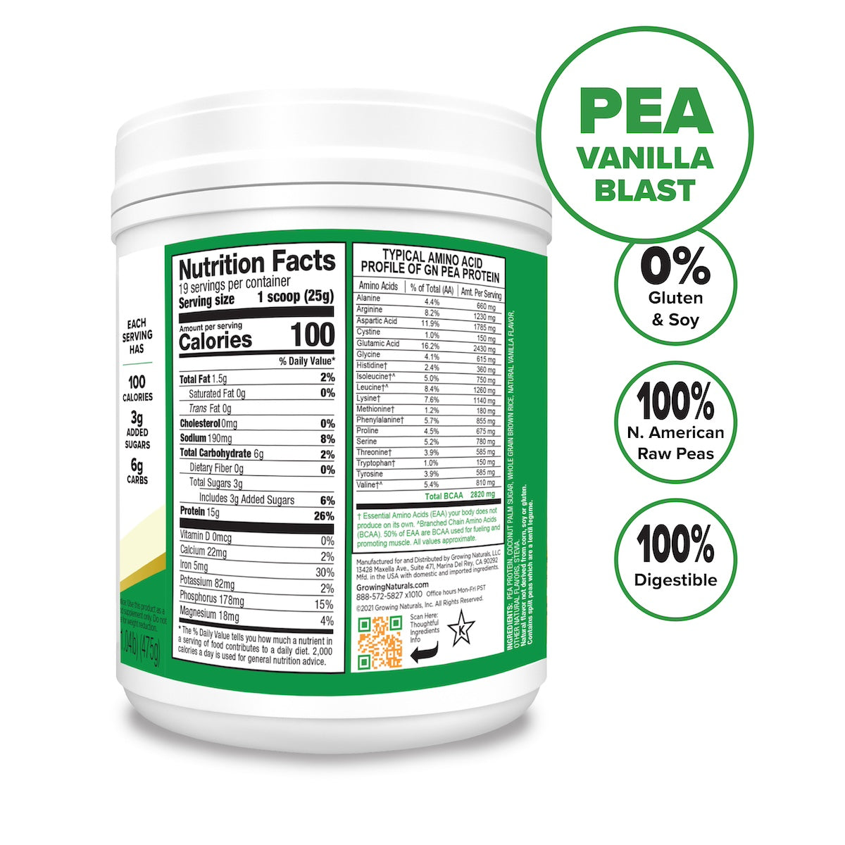 Growing Naturals Yellow Pea Protein - Vanilla Blast - 16 Oz
