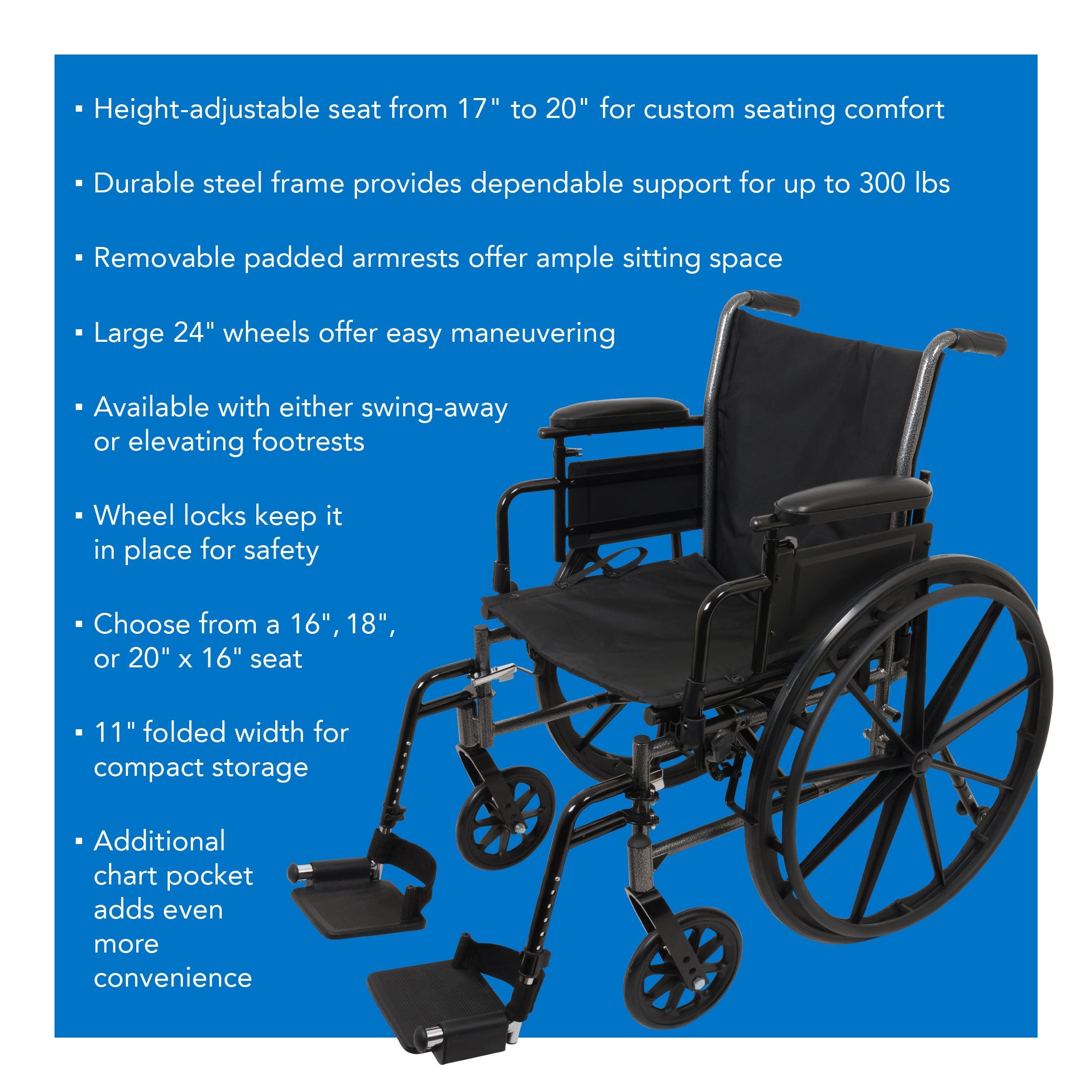 Probasics K3 Lightweight Wheelchair with flip-back height adjustable arms and swing-away or elevating padded leg rests. ,Large 24" rear wheels Wheels ,300 lbs Weight Capacity ,16" x 16" ,WC31616DE