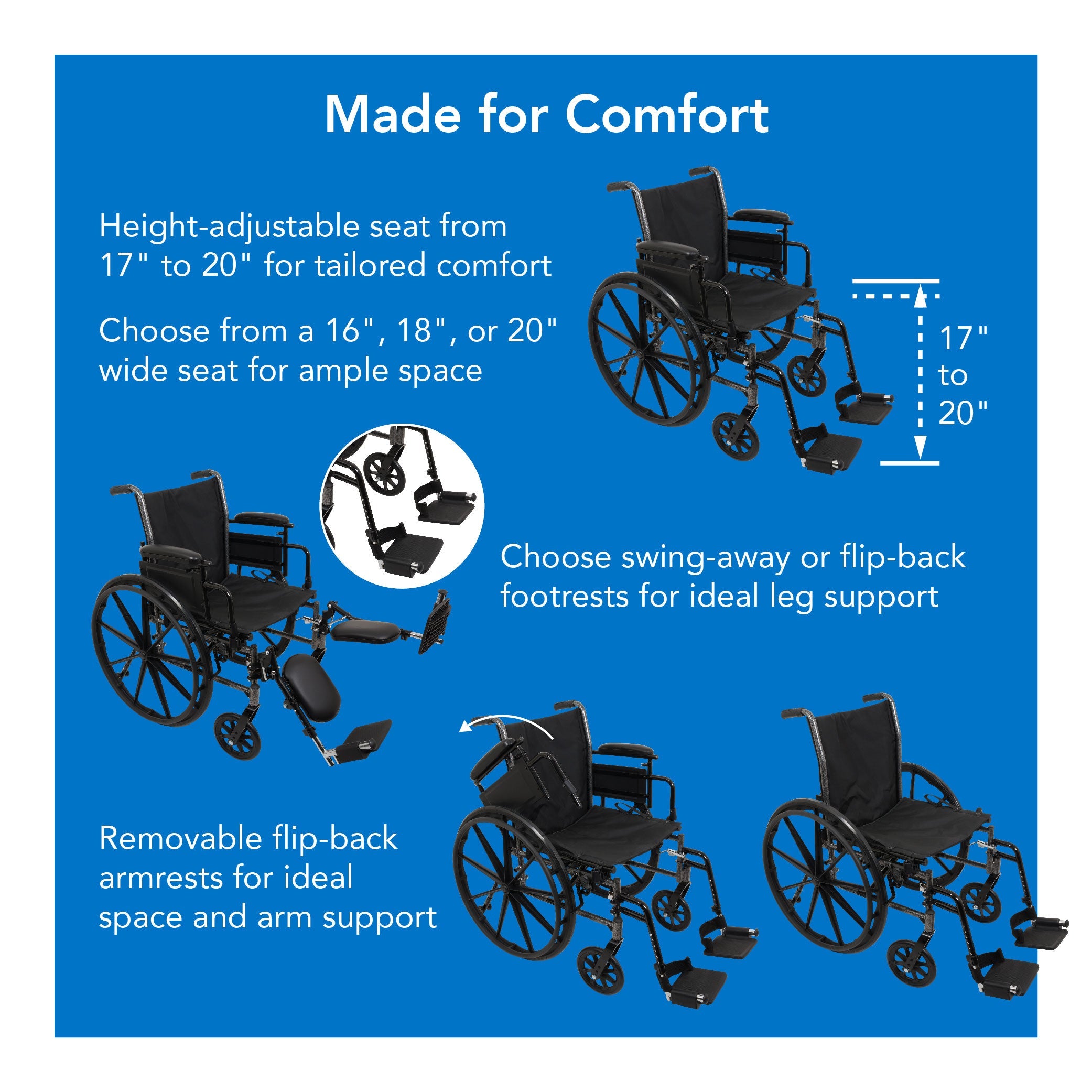 Probasics K3 Lightweight Wheelchair with flip-back height adjustable arms and swing-away or elevating padded leg rests. ,Large 24" rear wheels Wheels ,300 lbs Weight Capacity ,16" x 16" ,WC31616DE