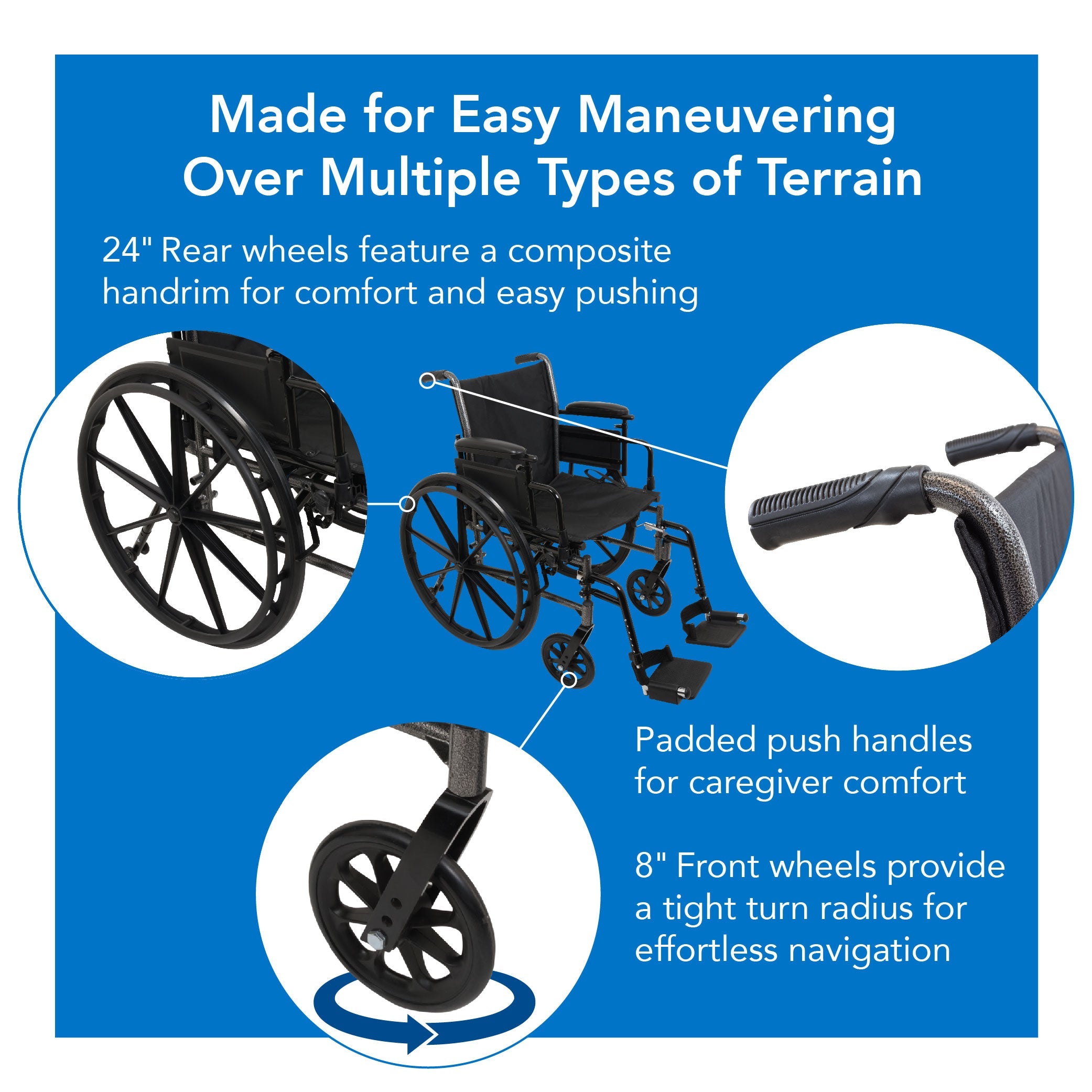 Probasics K3 Lightweight Wheelchair with flip-back height adjustable arms and swing-away or elevating padded leg rests. ,Large 24" rear wheels Wheels ,300 lbs Weight Capacity ,16" x 16" ,WC31616DE